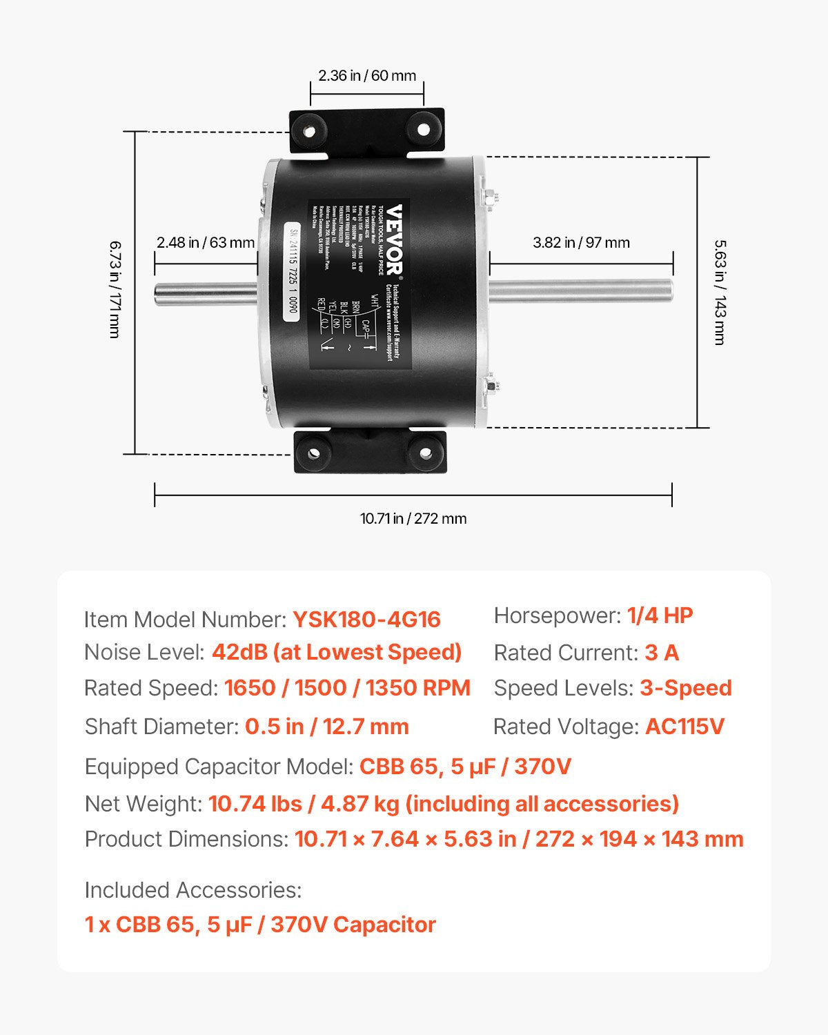 VEVOR 1/4HP RV AC Fan Motor AC115V 3A 1650RPM Single Phase 5uf/370V Capacitor 