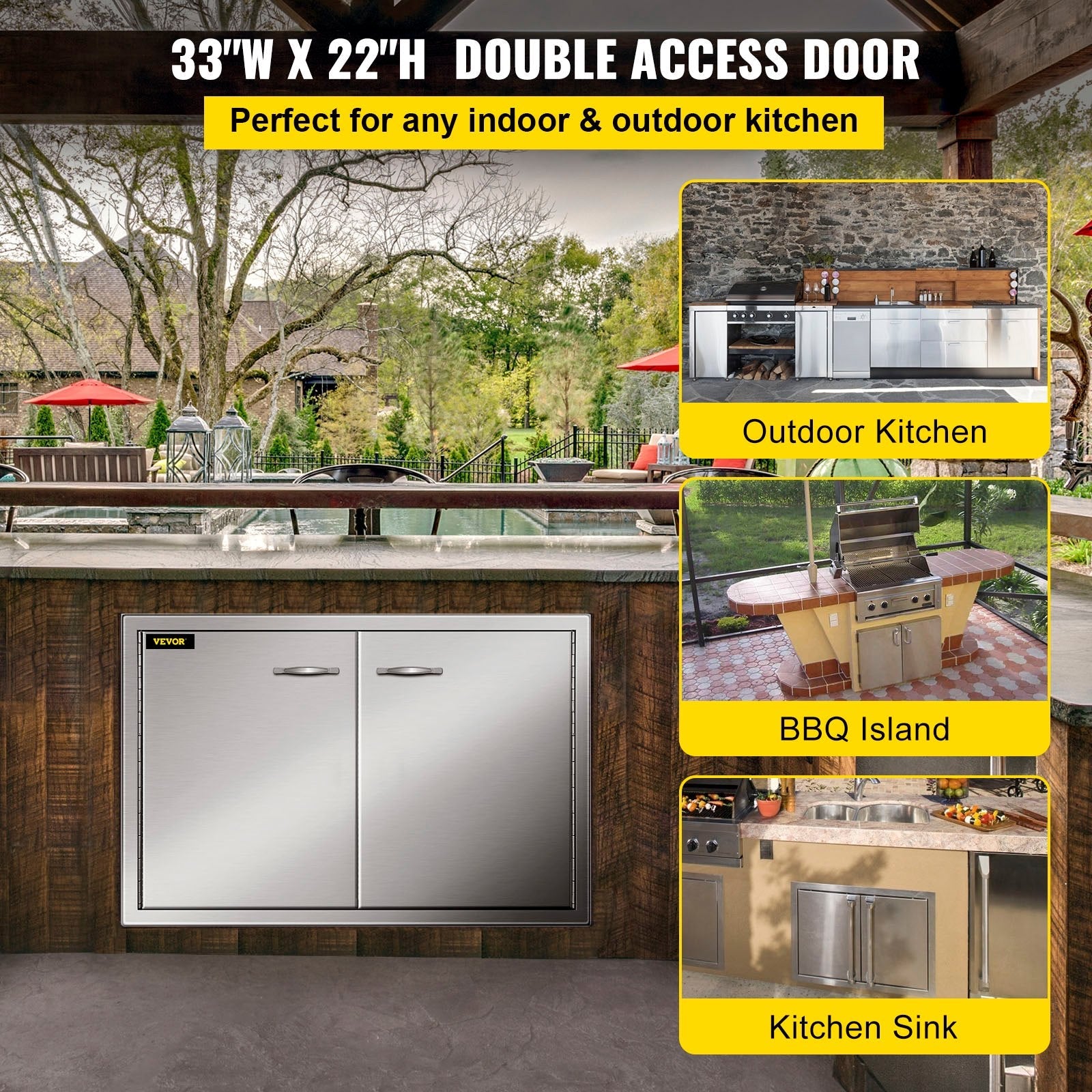 VEVOR BBQ Access Door 33W x 22H Inch, Double BBQ Door Stainless Steel, Outdoor Kitchen Doors for BBQ Island, Grilling Station, Outside Cabinet 
