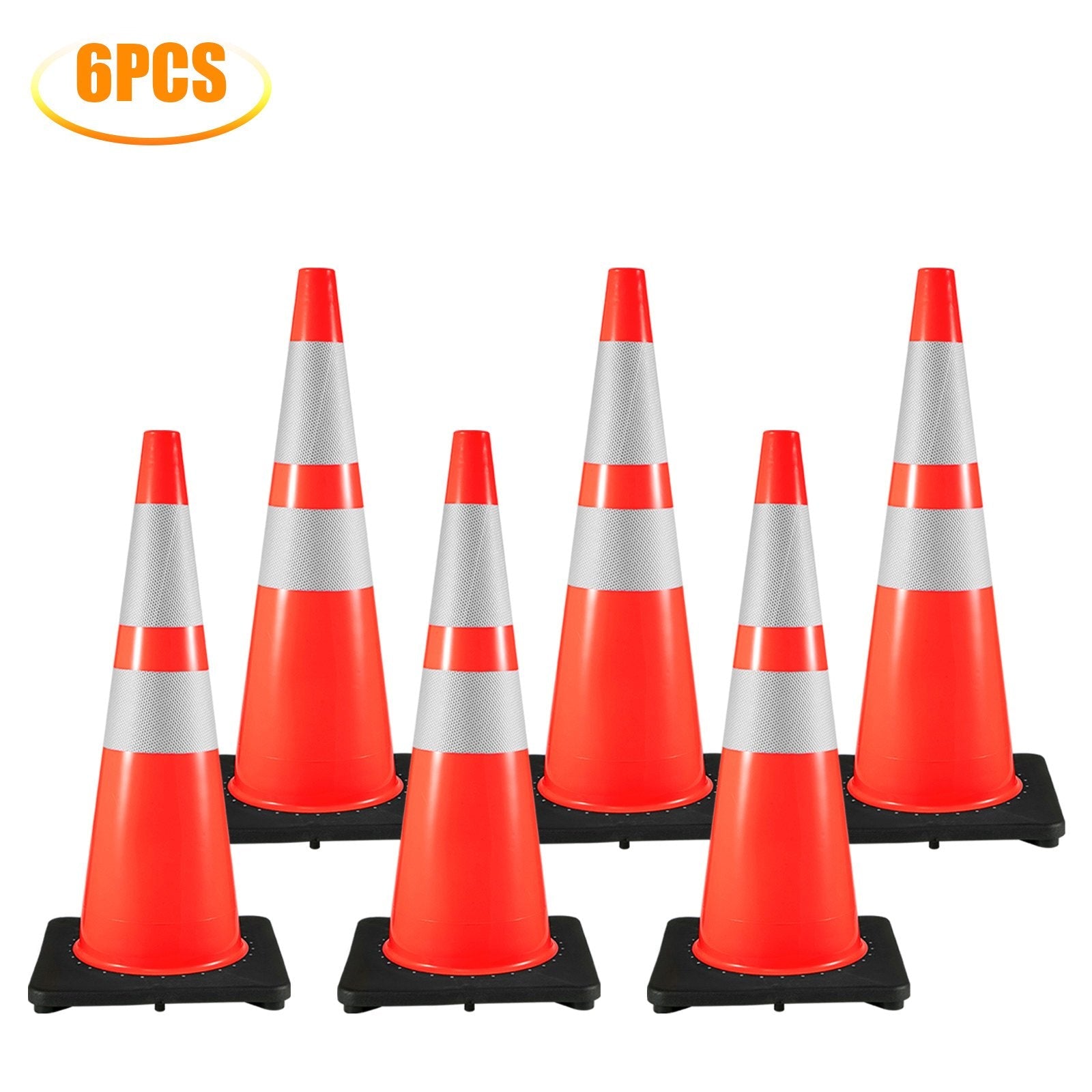VEVOR 6Pack 36\" Traffic Cones, Safety Road Parking Cone with Black Weighted Base, PVC Orange Traffic Safety Cones, Hazard Cones Reflective Collars for Construction Traffic Parking 