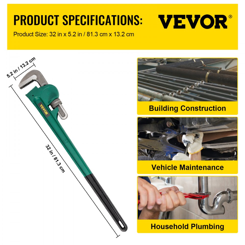 VEVOR 36-Inch Aluminum Straight Pipe Wrench Ideal for 2” to 3-1/2” Pipe Adjustable Plumbing Pipe Wrench Heavy Duty 5” Jaw capacity Plumbers Pliers Tool 