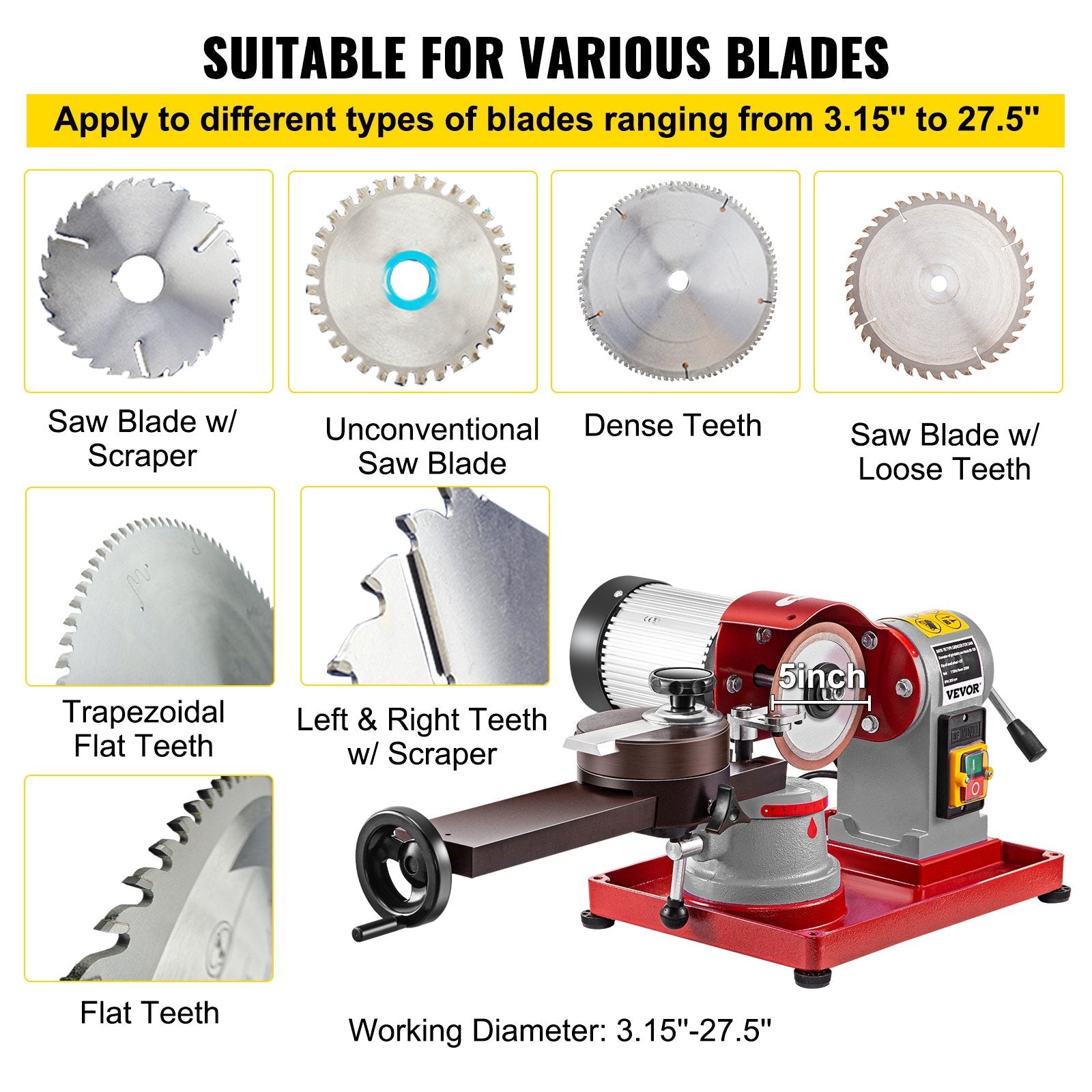 VEVOR Circular Saw Blade Sharpener 5\" Grinding Wheel Size, Rotary Angle Mill Grinding Machine 370W, Saw Blade Sharpener Machine for Carbide Tipped Saw Blades 