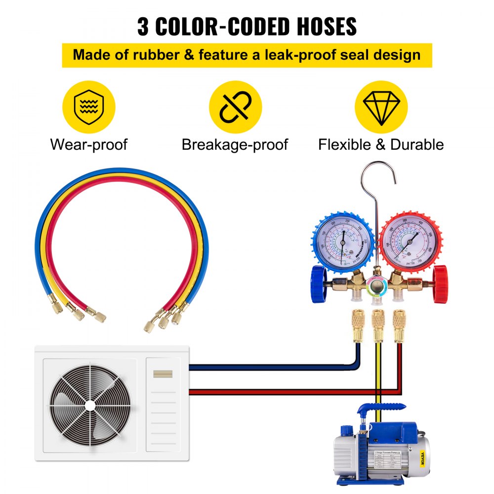 VEVOR 3CFM 1/4HP Single Stage Air Vacuum Pump HVAC R134a R12 R22 R410a A/C Refrigeration Kit AC Manifold Gauge Included Carrying Tote 