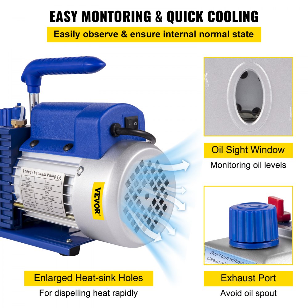 VEVOR 3CFM 1/4HP Single Stage Air Vacuum Pump HVAC R134a R12 R22 R410a A/C Refrigeration Kit AC Manifold Gauge Included Carrying Tote 