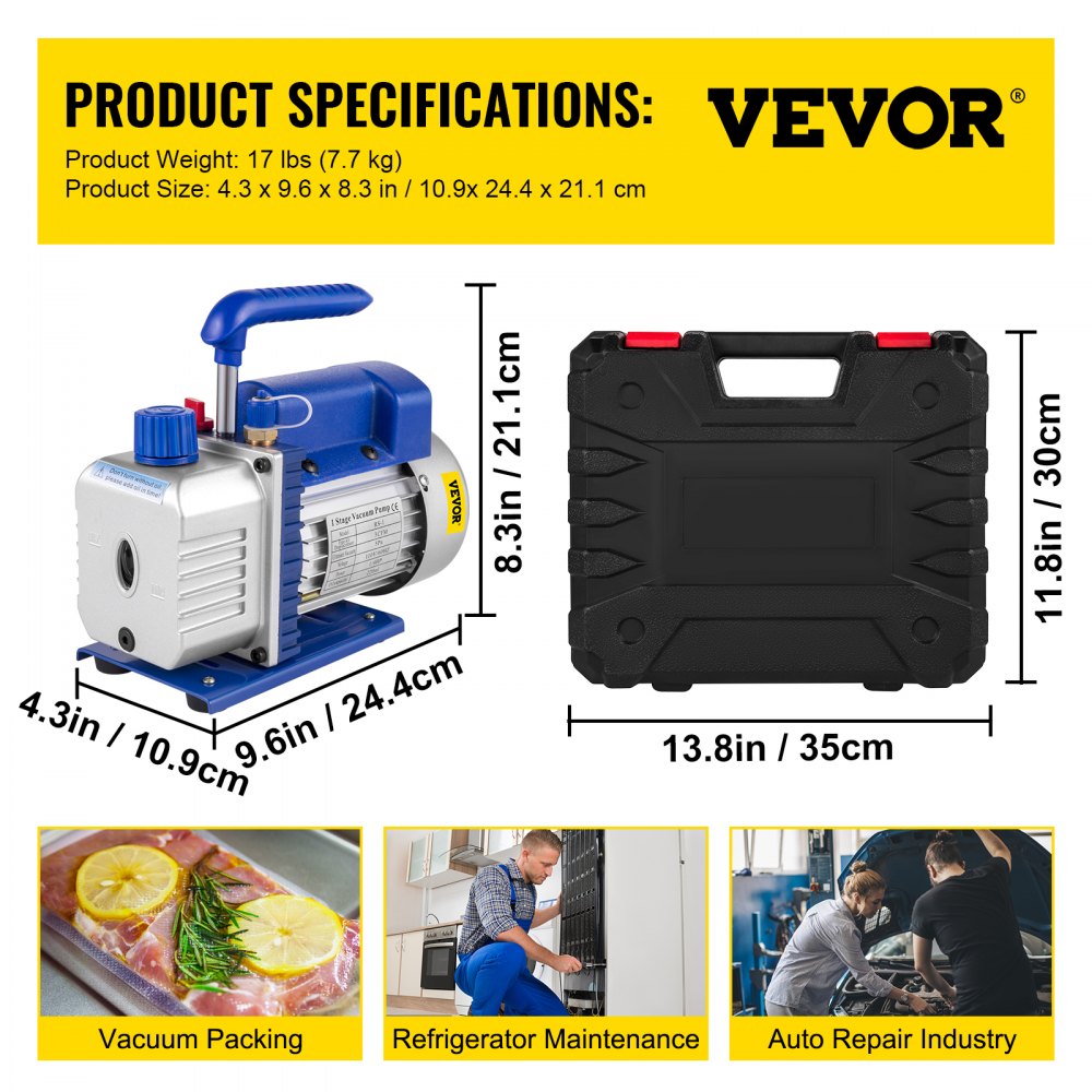 VEVOR 3CFM 1/4HP Single Stage Air Vacuum Pump HVAC R134a R12 R22 R410a A/C Refrigeration Kit AC Manifold Gauge Included Carrying Tote 