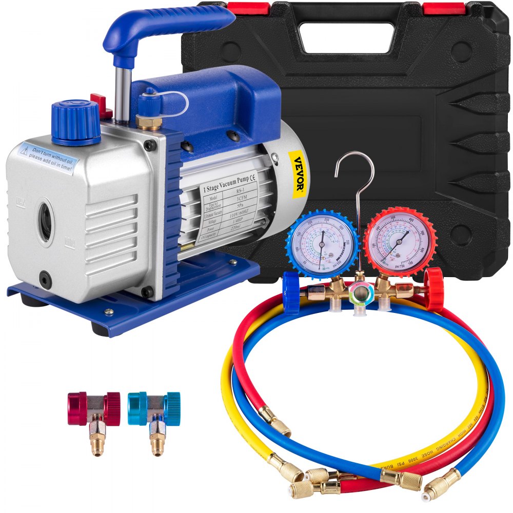 VEVOR 3CFM 1/4HP Single Stage Air Vacuum Pump HVAC R134a R12 R22 R410a A/C Refrigeration Kit AC Manifold Gauge Included Carrying Tote 