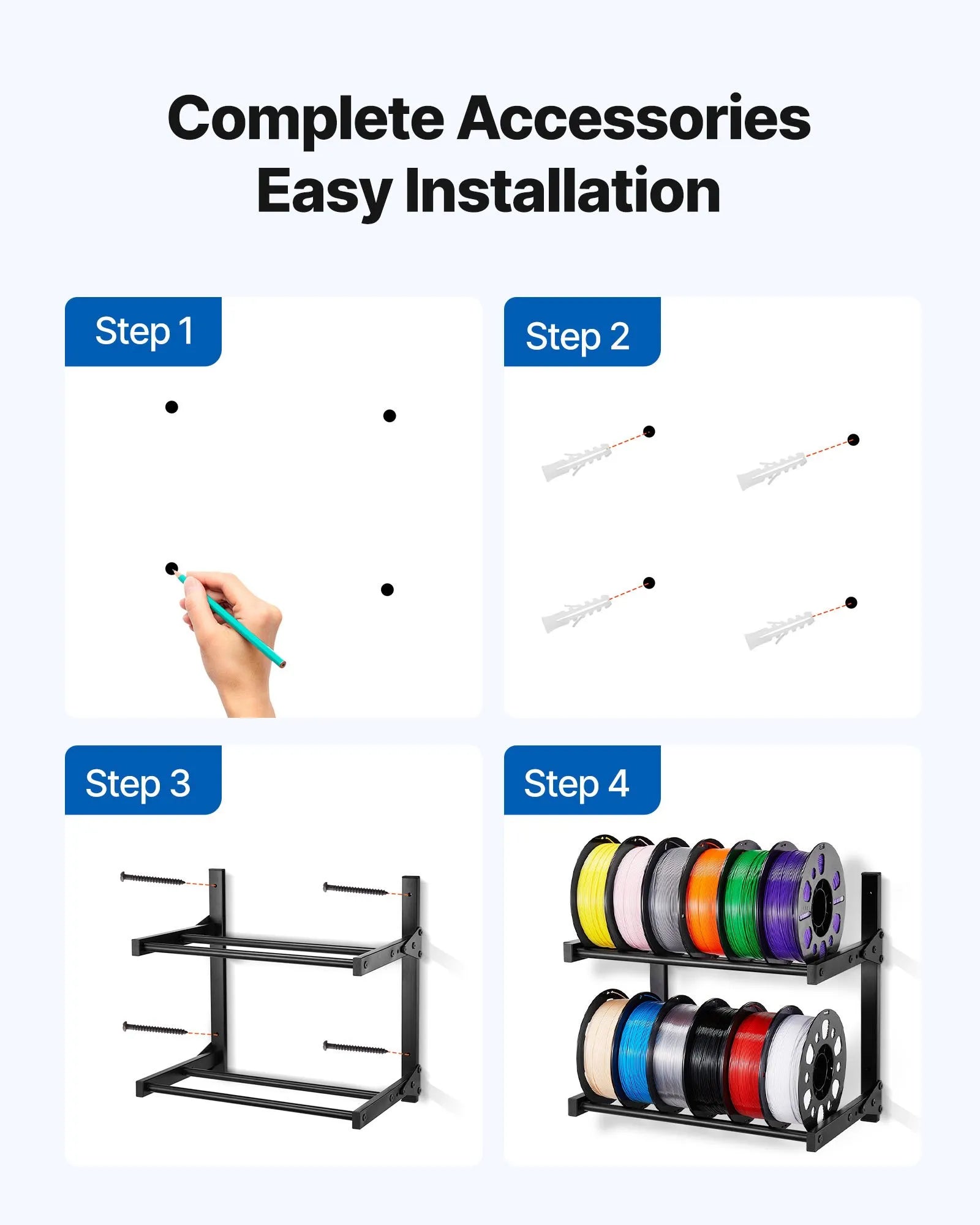 VEVOR Wall Mount Printer Filament Storage Rack, 2-Tier Wall Bracket Storage Shelf, Rolling Filament Spool Holders Racks with Wheels, Filaments Organzied for 3D Printing Studio, Workshop (Shelf Only) 