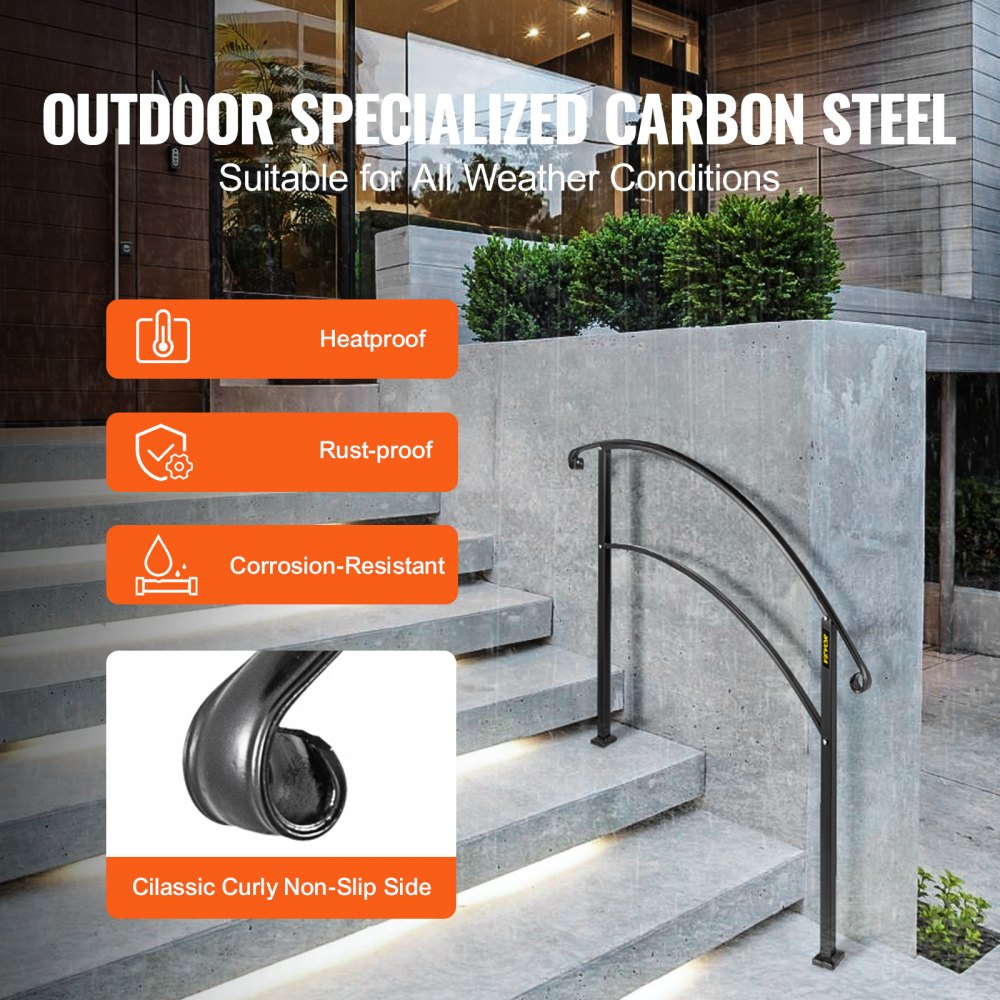 VEVOR Handrails for Outdoor Steps, Fit 1 or 3 Steps Outdoor Stair Railing, Black Wrought Iron Handrail, Flexible Front Porch Hand Rail, Transitional Handrails for Concrete Steps or Wooden Stairs 