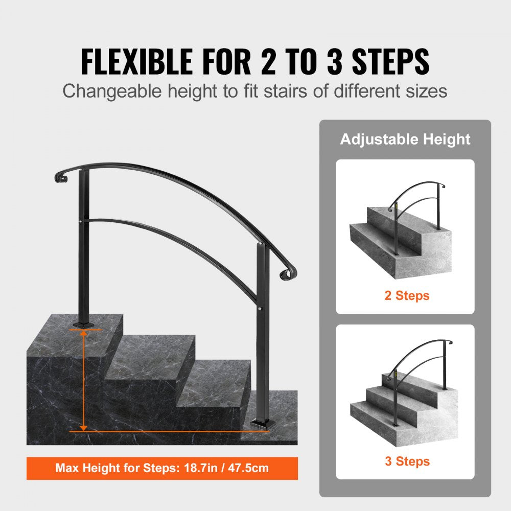VEVOR Handrails for Outdoor Steps, Fit 1 or 3 Steps Outdoor Stair Railing, Black Wrought Iron Handrail, Flexible Front Porch Hand Rail, Transitional Handrails for Concrete Steps or Wooden Stairs 
