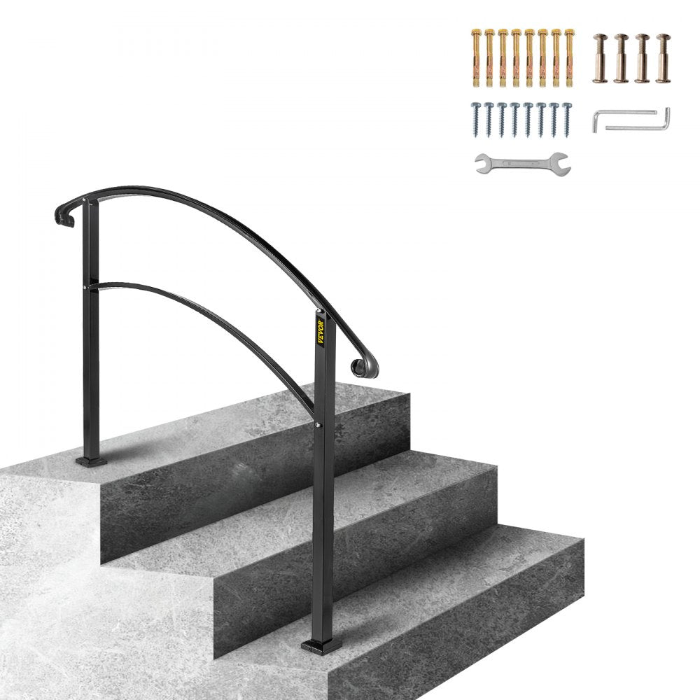 VEVOR Handrails for Outdoor Steps, Fit 1 or 3 Steps Outdoor Stair Railing, Black Wrought Iron Handrail, Flexible Front Porch Hand Rail, Transitional Handrails for Concrete Steps or Wooden Stairs 