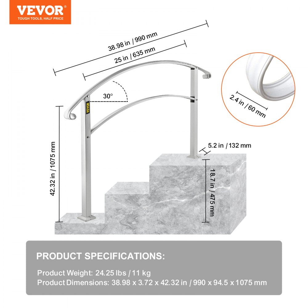 VEVOR Handrails for Outdoor Steps, Fit 1 or 3 Steps Outdoor Stair Railing, White Wrought Iron Handrail, Flexible Front Porch Hand Rail, Transitional Handrails for Concrete Steps or Wooden Stairs 