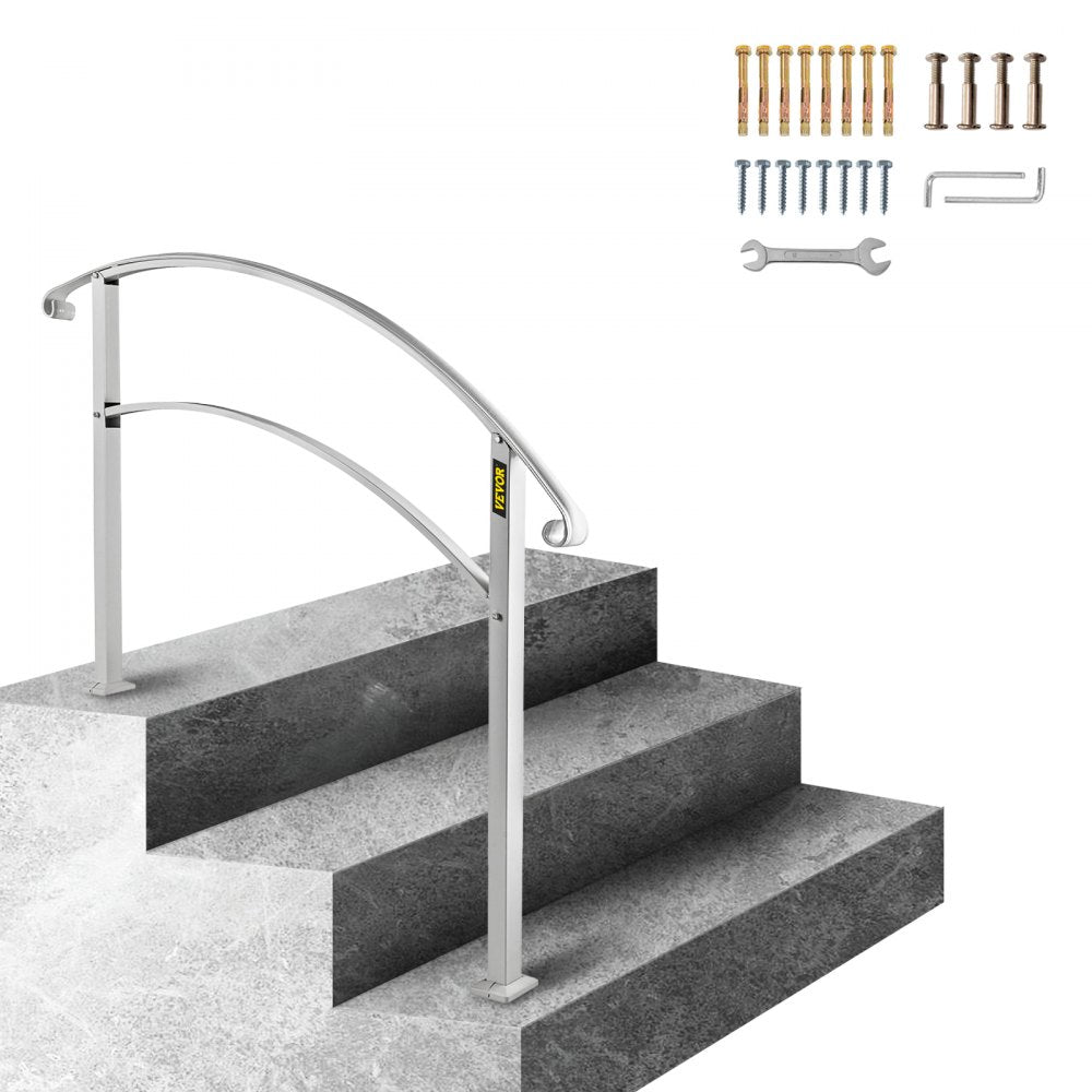VEVOR Handrails for Outdoor Steps, Fit 1 or 3 Steps Outdoor Stair Railing, White Wrought Iron Handrail, Flexible Front Porch Hand Rail, Transitional Handrails for Concrete Steps or Wooden Stairs 