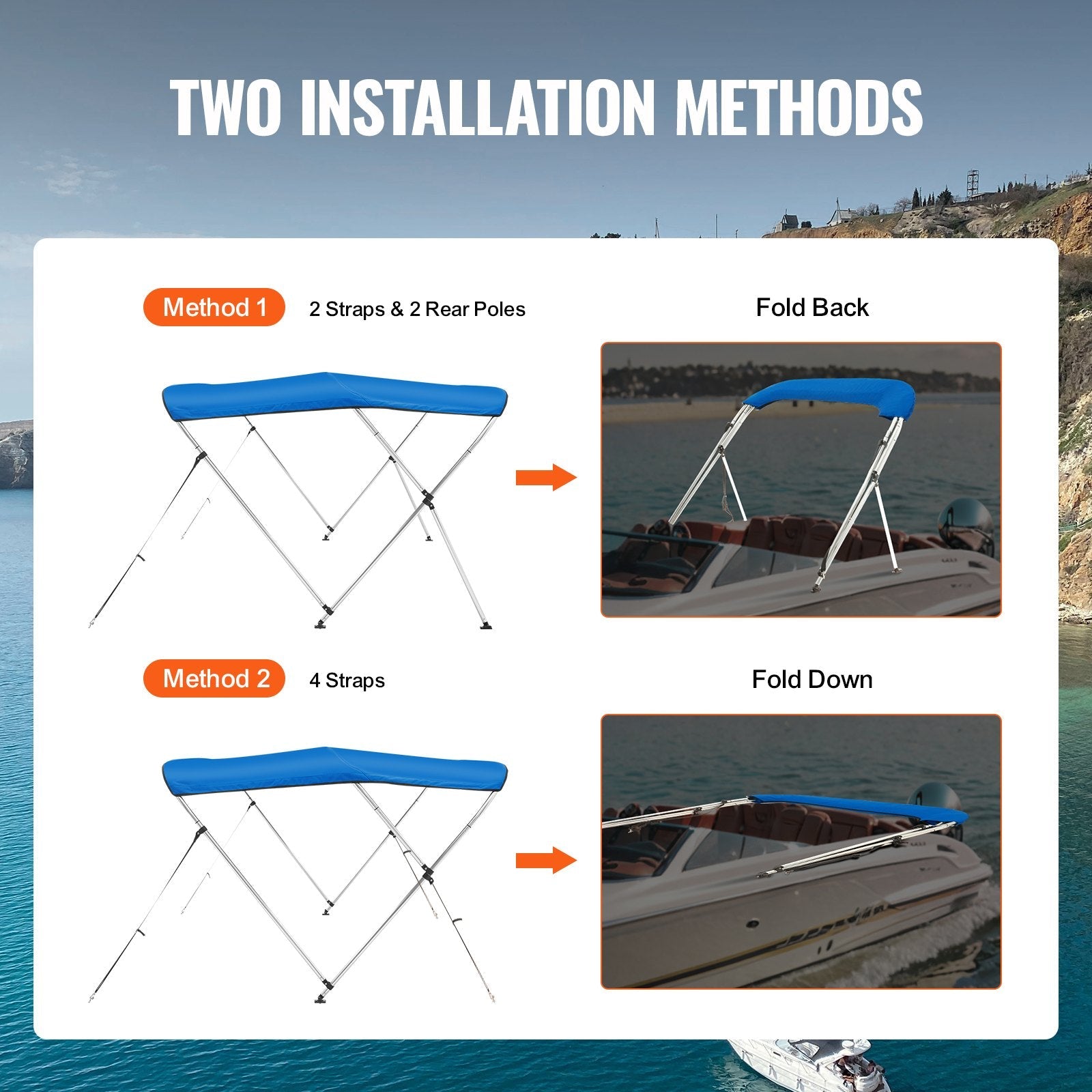 VEVOR 3 Bow Bimini Top Boat Cover, 900D Polyester Canopy with 1" Aluminum Alloy Frame, Waterproof and Sun Shade, Includes Storage Boot, 2 Support Poles, 4 Straps, 6'L x 46"H x 54"-60"W, Pacific Blue 