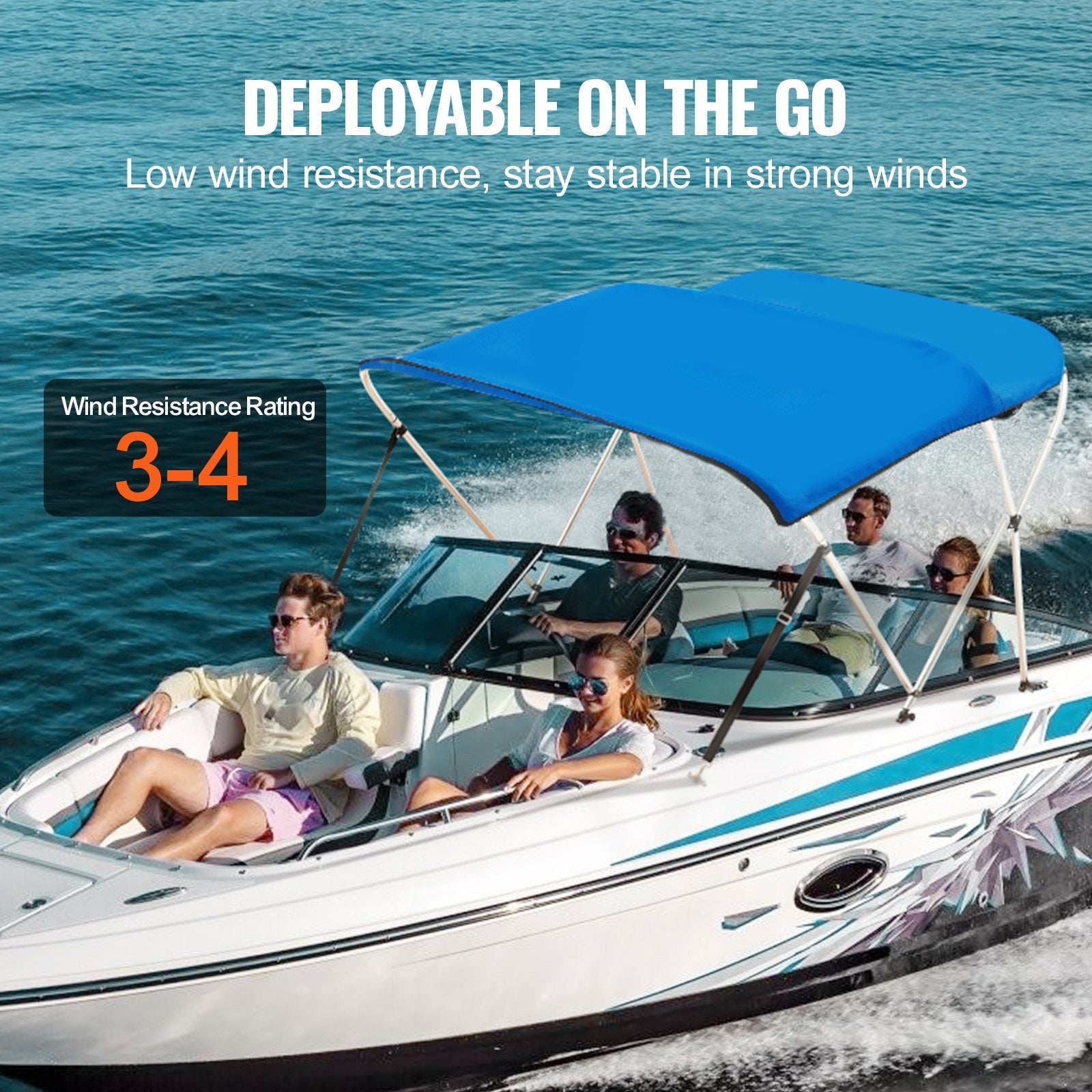 VEVOR 3 Bow Bimini Top Boat Cover, 900D Polyester Canopy with 1" Aluminum Alloy Frame, Waterproof and Sun Shade, Includes Storage Boot, 2 Support Poles, 4 Straps, 6'L x 46"H x 54"-60"W, Pacific Blue 