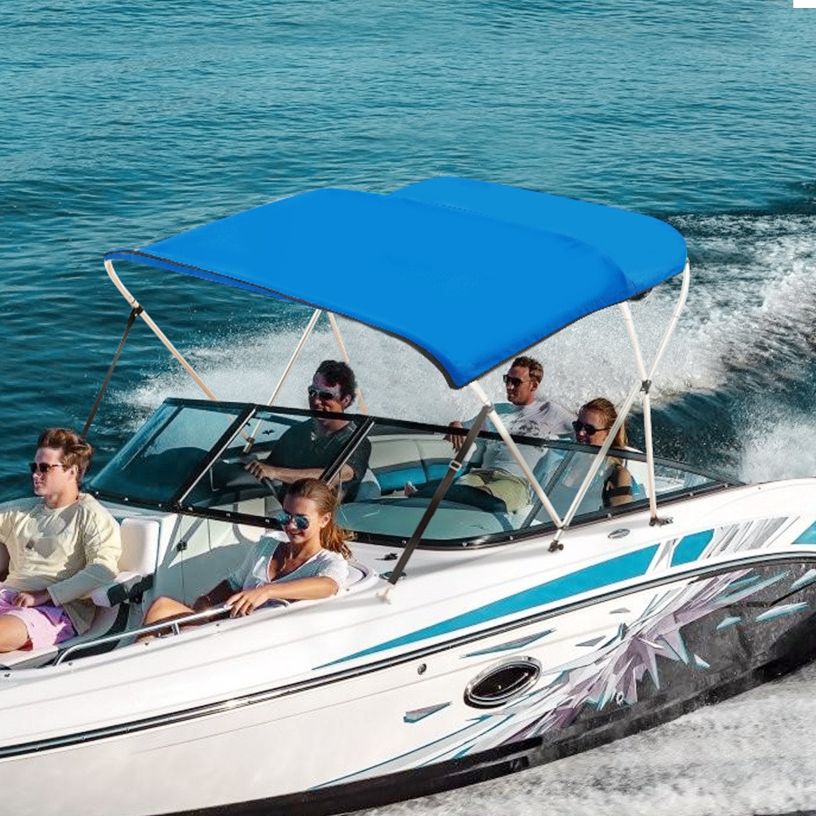 VEVOR 3 Bow Bimini Top Boat Cover, 900D Polyester Canopy with 1" Aluminum Alloy Frame, Waterproof and Sun Shade, Includes Storage Boot, 2 Support Poles, 4 Straps, 6'L x 46"H x 54"-60"W, Pacific Blue 