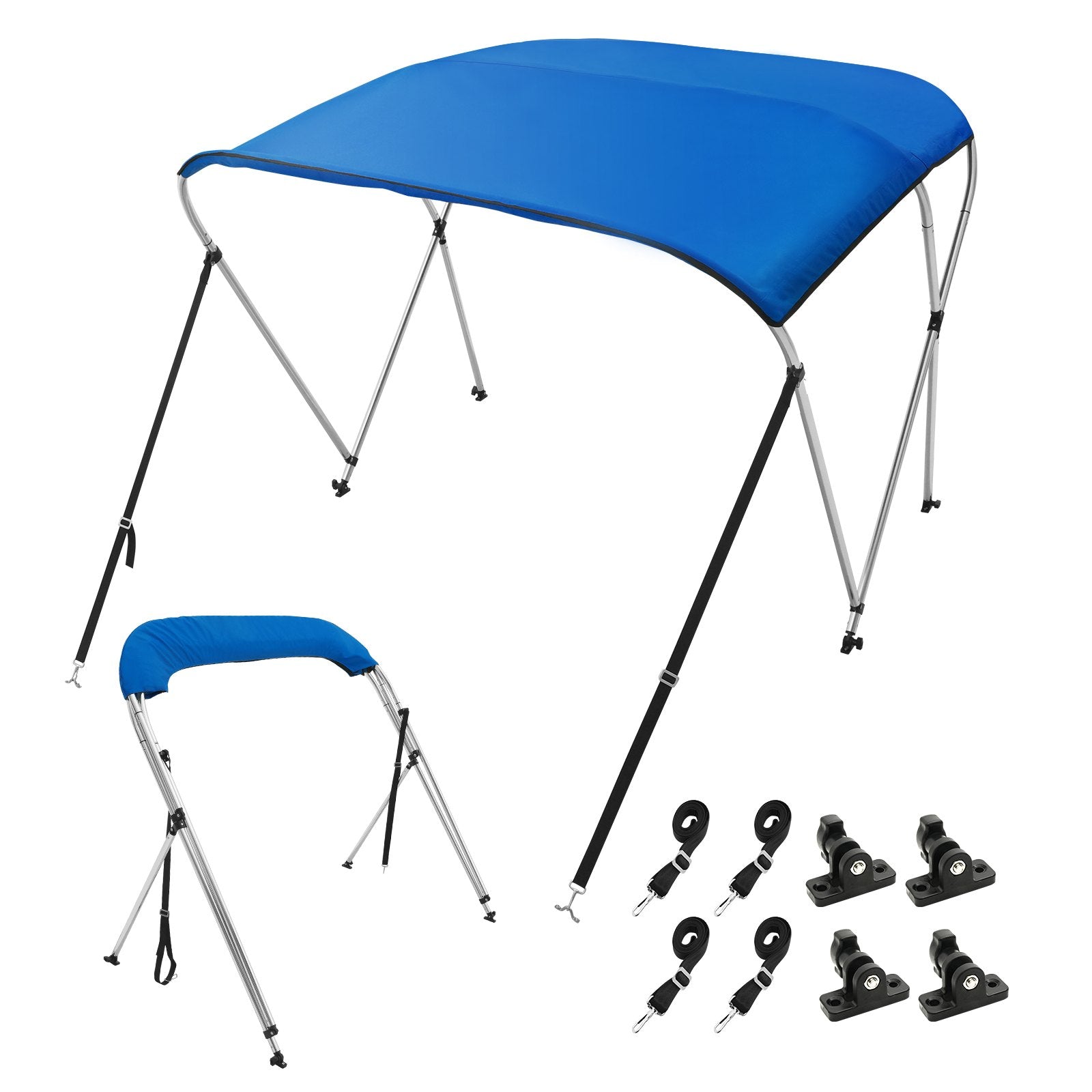 VEVOR 3 Bow Bimini Top Boat Cover, 900D Polyester Canopy with 1" Aluminum Alloy Frame, Waterproof and Sun Shade, Includes Storage Boot, 2 Support Poles, 4 Straps, 6'L x 46"H x 54"-60"W, Pacific Blue 