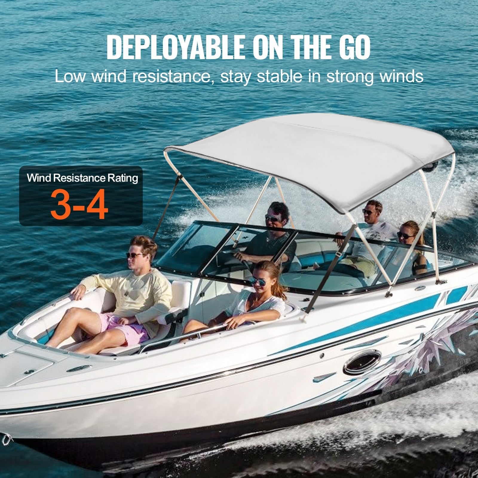 VEVOR 3 Bow Bimini Top Boat Cover, 900D Polyester Canopy with 1" Aluminum Alloy Frame, Waterproof and Sun Shade, Includes Storage Boot, 2 Support Poles, 4 Straps, 6'L x 46"H x 54"-60"W, Light Grey 
