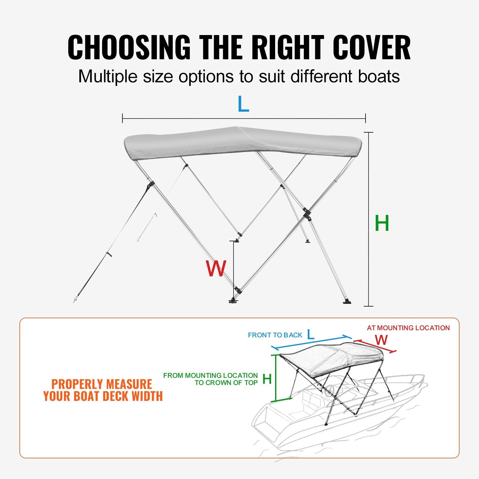 VEVOR 3 Bow Bimini Top Boat Cover, 900D Polyester Canopy with 1" Aluminum Alloy Frame, Waterproof and Sun Shade, Includes Storage Boot, 2 Support Poles, 4 Straps, 6'L x 46"H x 54"-60"W, Light Grey 