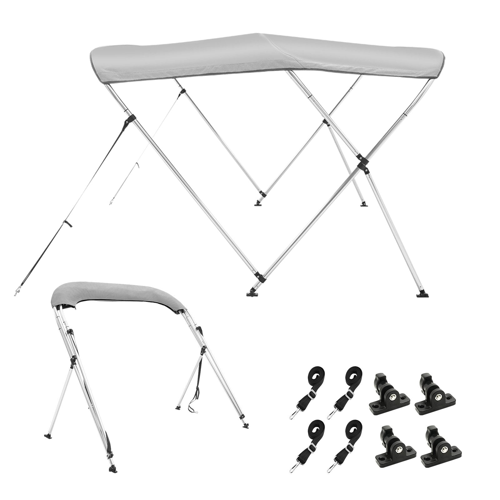 VEVOR 3 Bow Bimini Top Boat Cover, 900D Polyester Canopy with 1" Aluminum Alloy Frame, Waterproof and Sun Shade, Includes Storage Boot, 2 Support Poles, 4 Straps, 6'L x 46"H x 54"-60"W, Light Grey 