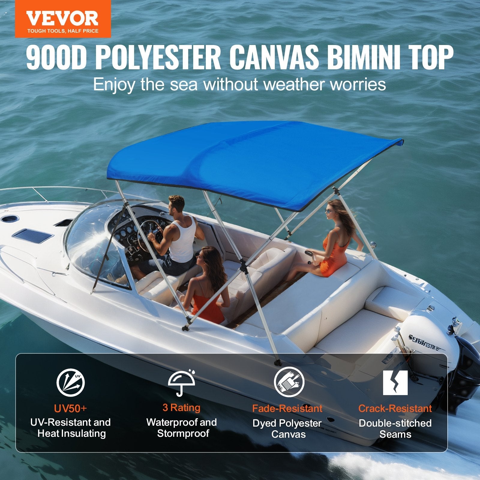 VEVOR 3 Bow Bimini Top Boat Cover, 900D Polyester Canopy with 1" Aluminum Alloy Frame, Waterproof and Sun Shade, Includes Storage Boot, 2 Support Poles, 4 Straps, 6'L x 46"H x 61"-66"W, Pacific Blue 
