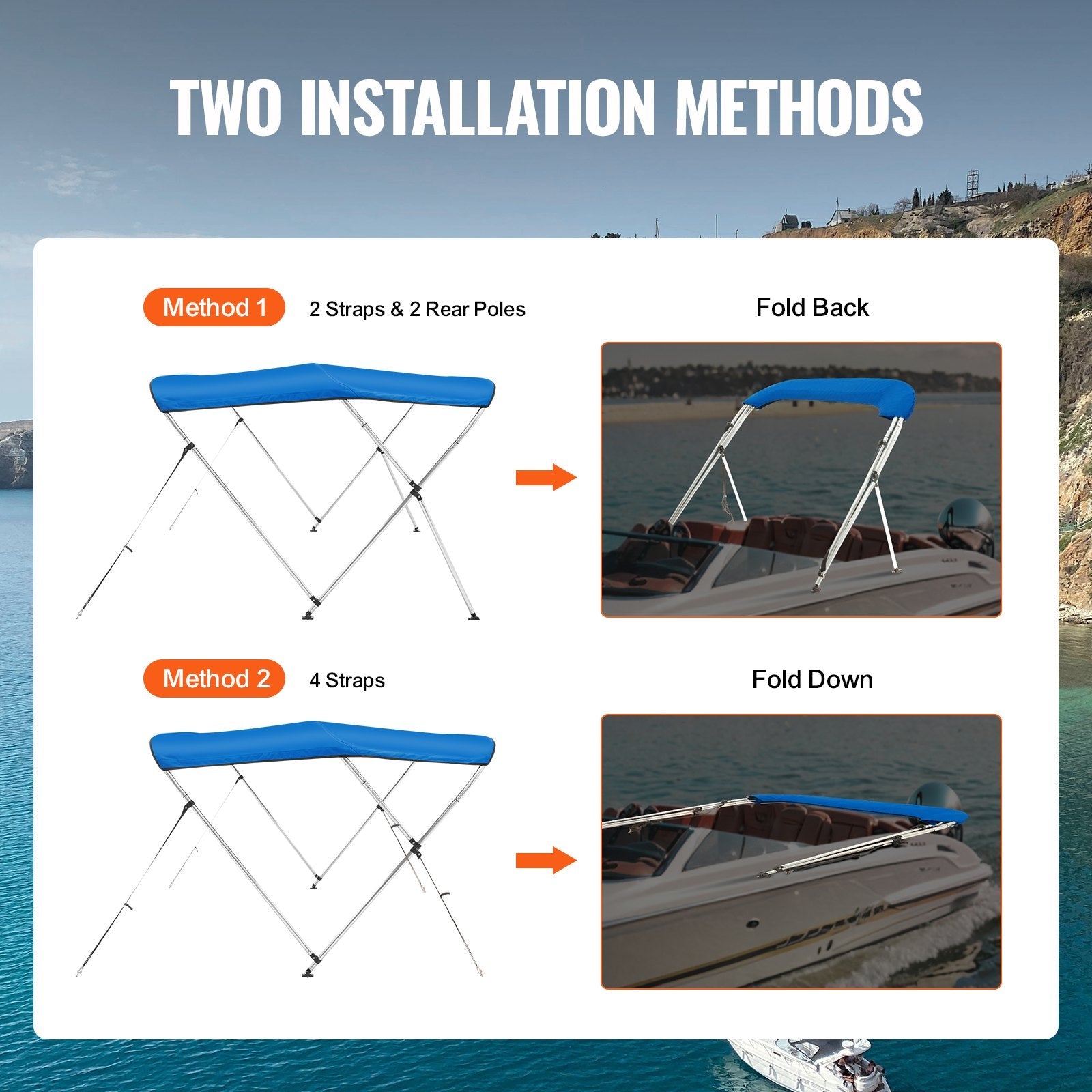 VEVOR 3 Bow Bimini Top Boat Cover, 900D Polyester Canopy with 1" Aluminum Alloy Frame, Waterproof and Sun Shade, Includes Storage Boot, 2 Support Poles, 4 Straps, 6'L x 46"H x 61"-66"W, Pacific Blue 