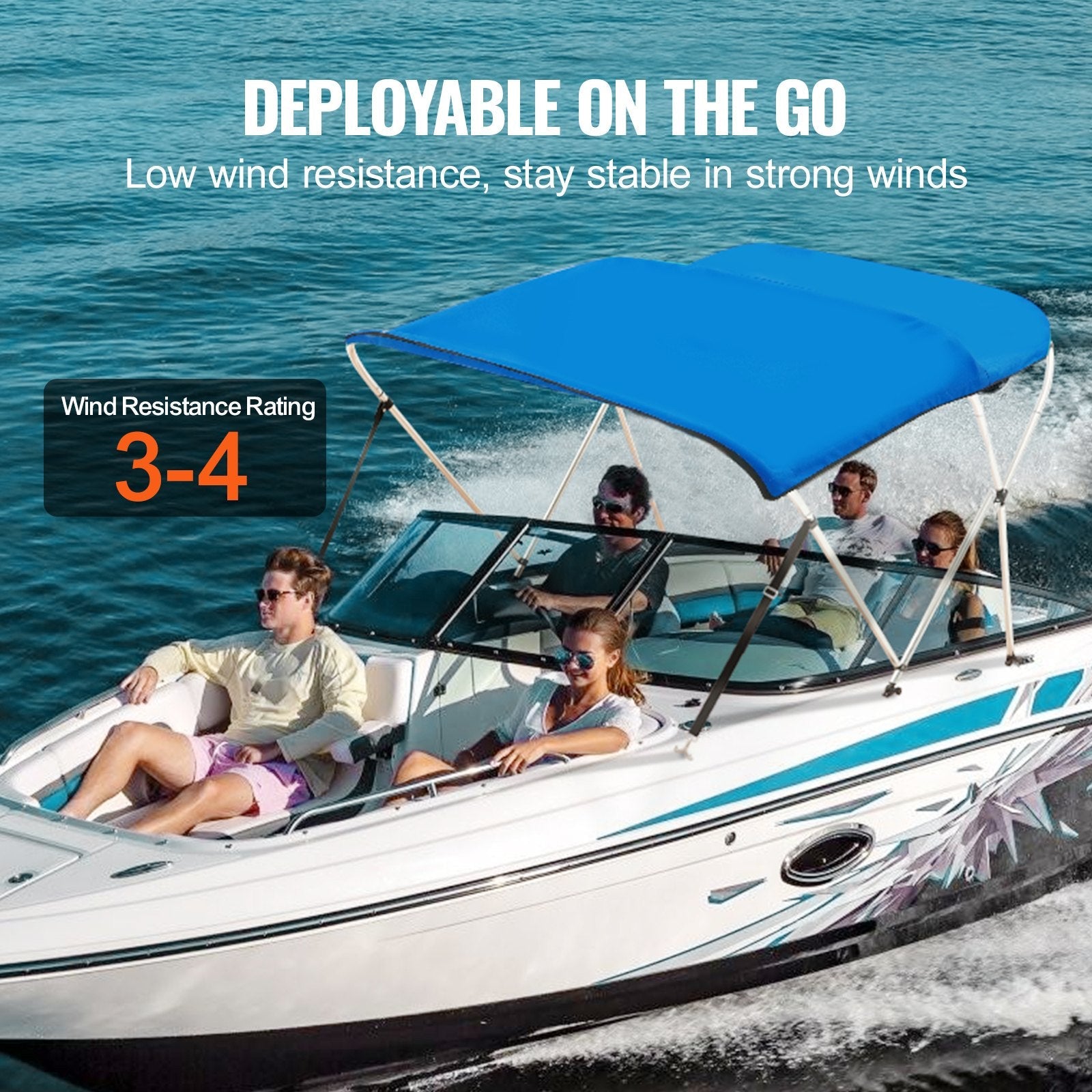 VEVOR 3 Bow Bimini Top Boat Cover, 900D Polyester Canopy with 1" Aluminum Alloy Frame, Waterproof and Sun Shade, Includes Storage Boot, 2 Support Poles, 4 Straps, 6'L x 46"H x 61"-66"W, Pacific Blue 