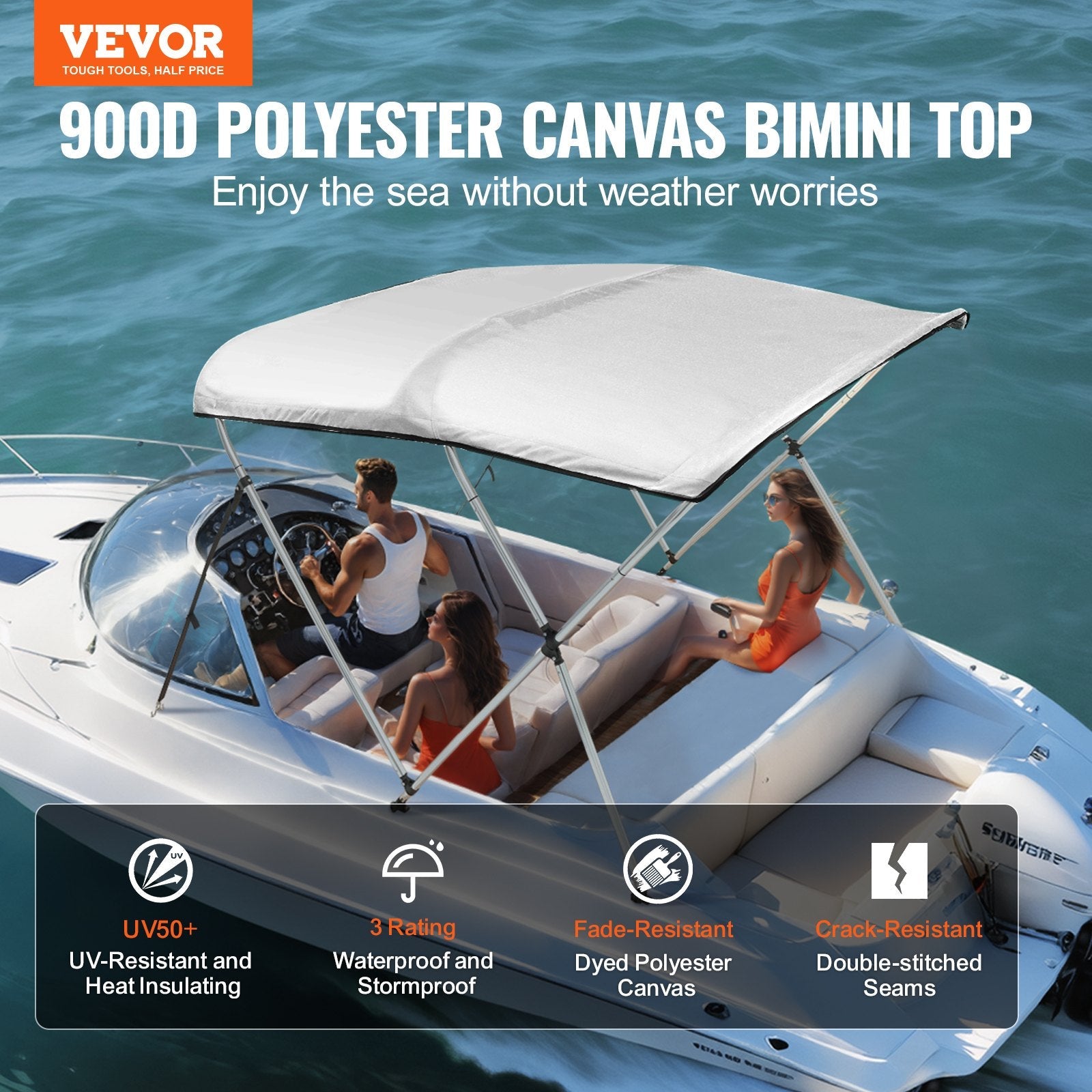 VEVOR 3 Bow Bimini Top Boat Cover, 900D Polyester Canopy with 1" Aluminum Alloy Frame, Waterproof and Sun Shade, Includes Storage Boot, 2 Support Poles, 4 Straps, 6'L x 46"H x 67"-72"W, Light Grey 