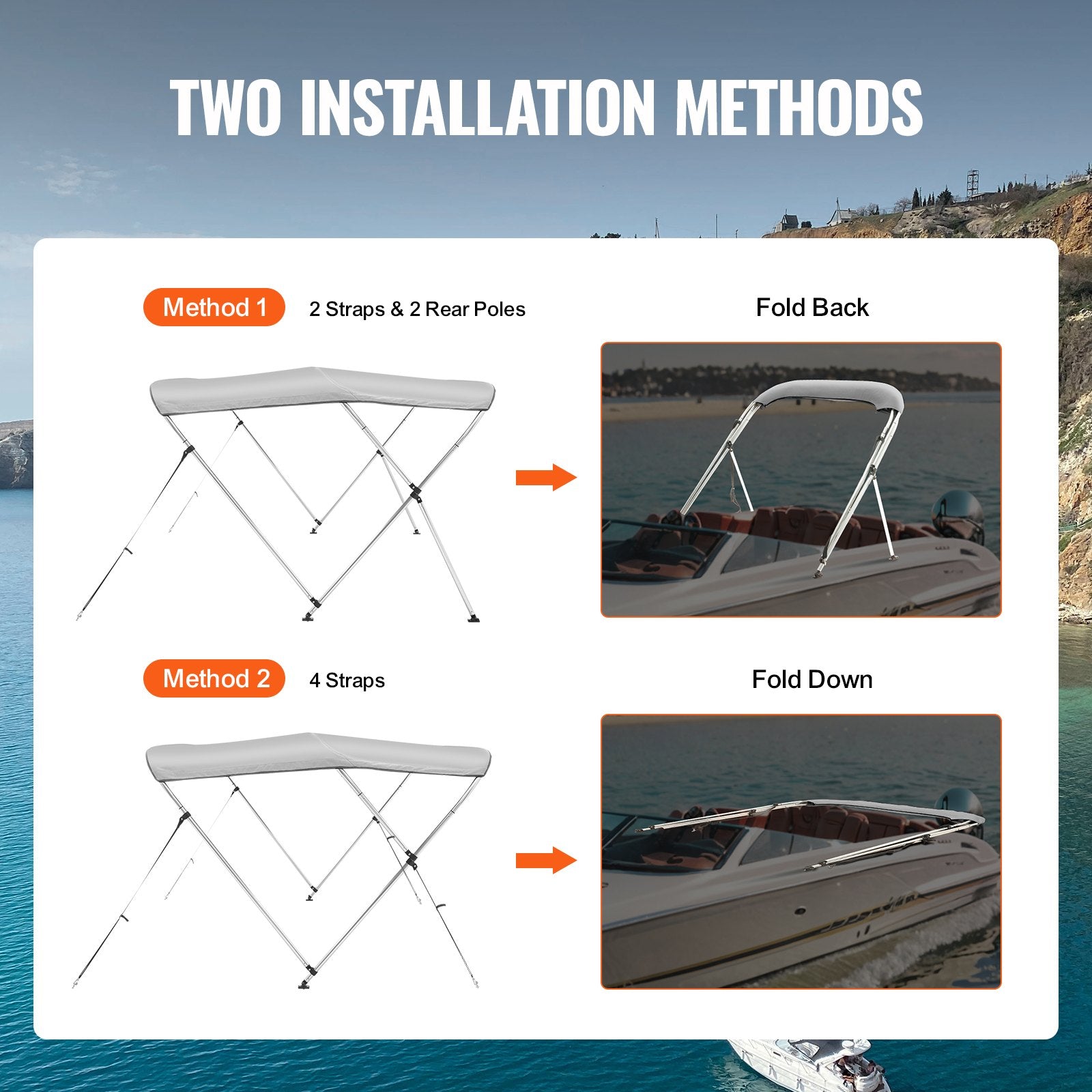 VEVOR 3 Bow Bimini Top Boat Cover, 900D Polyester Canopy with 1" Aluminum Alloy Frame, Waterproof and Sun Shade, Includes Storage Boot, 2 Support Poles, 4 Straps, 6'L x 46"H x 67"-72"W, Light Grey 