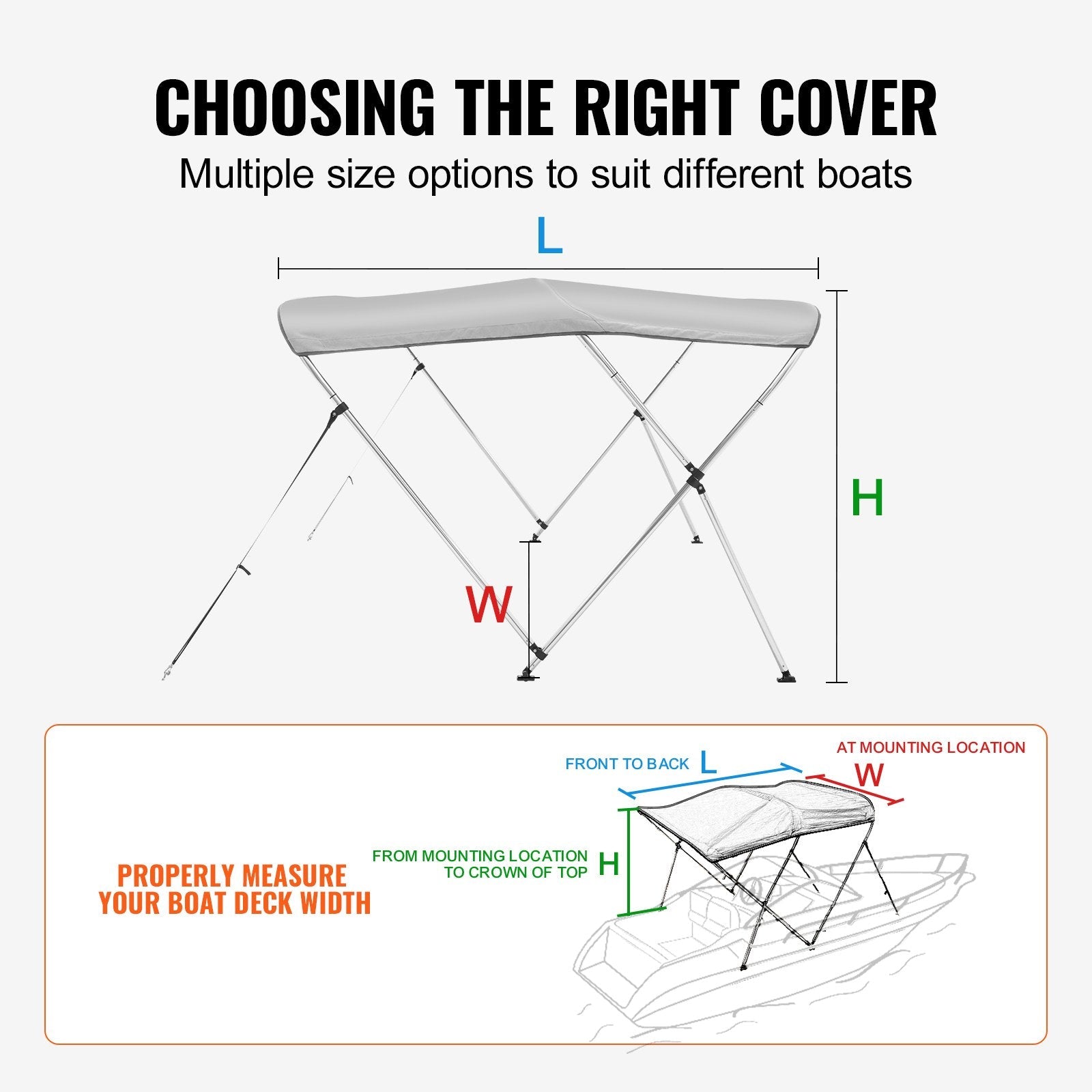 VEVOR 3 Bow Bimini Top Boat Cover, 900D Polyester Canopy with 1" Aluminum Alloy Frame, Waterproof and Sun Shade, Includes Storage Boot, 2 Support Poles, 4 Straps, 6'L x 46"H x 67"-72"W, Light Grey 