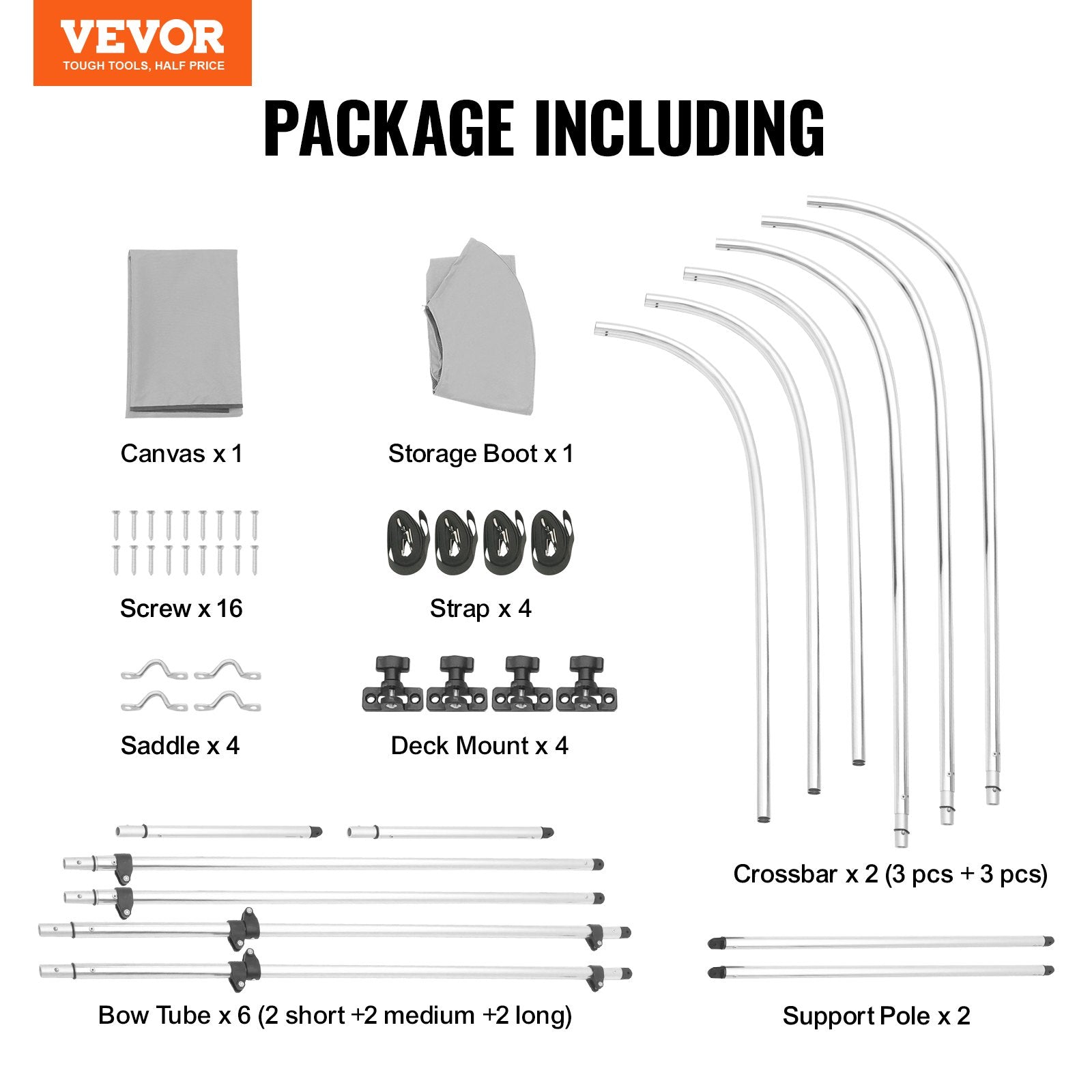 VEVOR 3 Bow Bimini Top Boat Cover, 900D Polyester Canopy with 1" Aluminum Alloy Frame, Waterproof and Sun Shade, Includes Storage Boot, 2 Support Poles, 4 Straps, 6'L x 46"H x 67"-72"W, Light Grey 