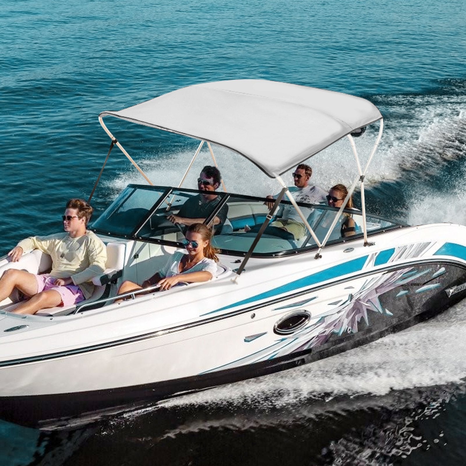 VEVOR 3 Bow Bimini Top Boat Cover, 900D Polyester Canopy with 1" Aluminum Alloy Frame, Waterproof and Sun Shade, Includes Storage Boot, 2 Support Poles, 4 Straps, 6'L x 46"H x 67"-72"W, Light Grey 