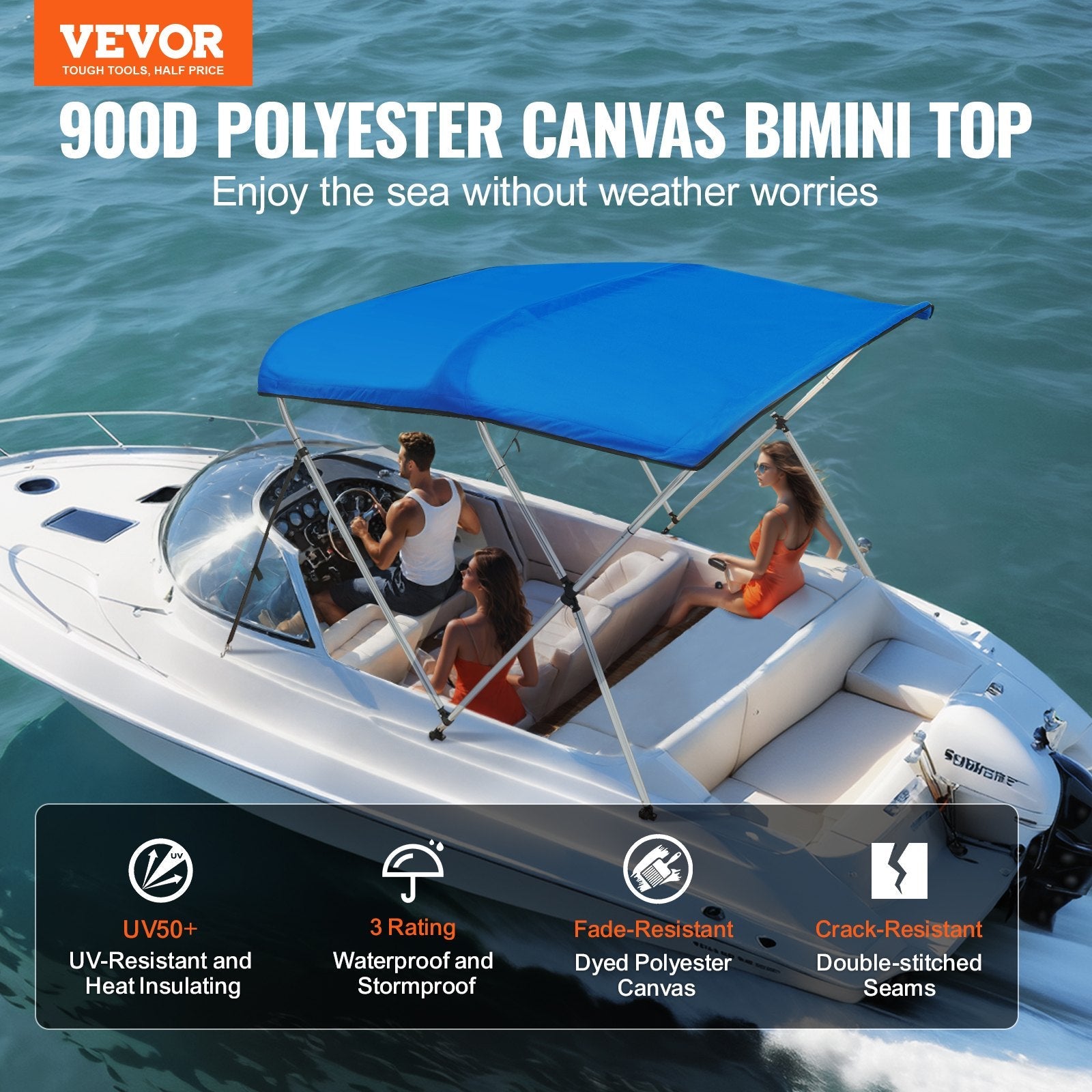 VEVOR 3 Bow Bimini Top Boat Cover, 900D Polyester Canopy with 1" Aluminum Alloy Frame, Waterproof and Sun Shade, Includes Storage Boot, 2 Support Poles, 4 Straps, 6'L x 46"H x 67"-72"W, Pacific Blue 