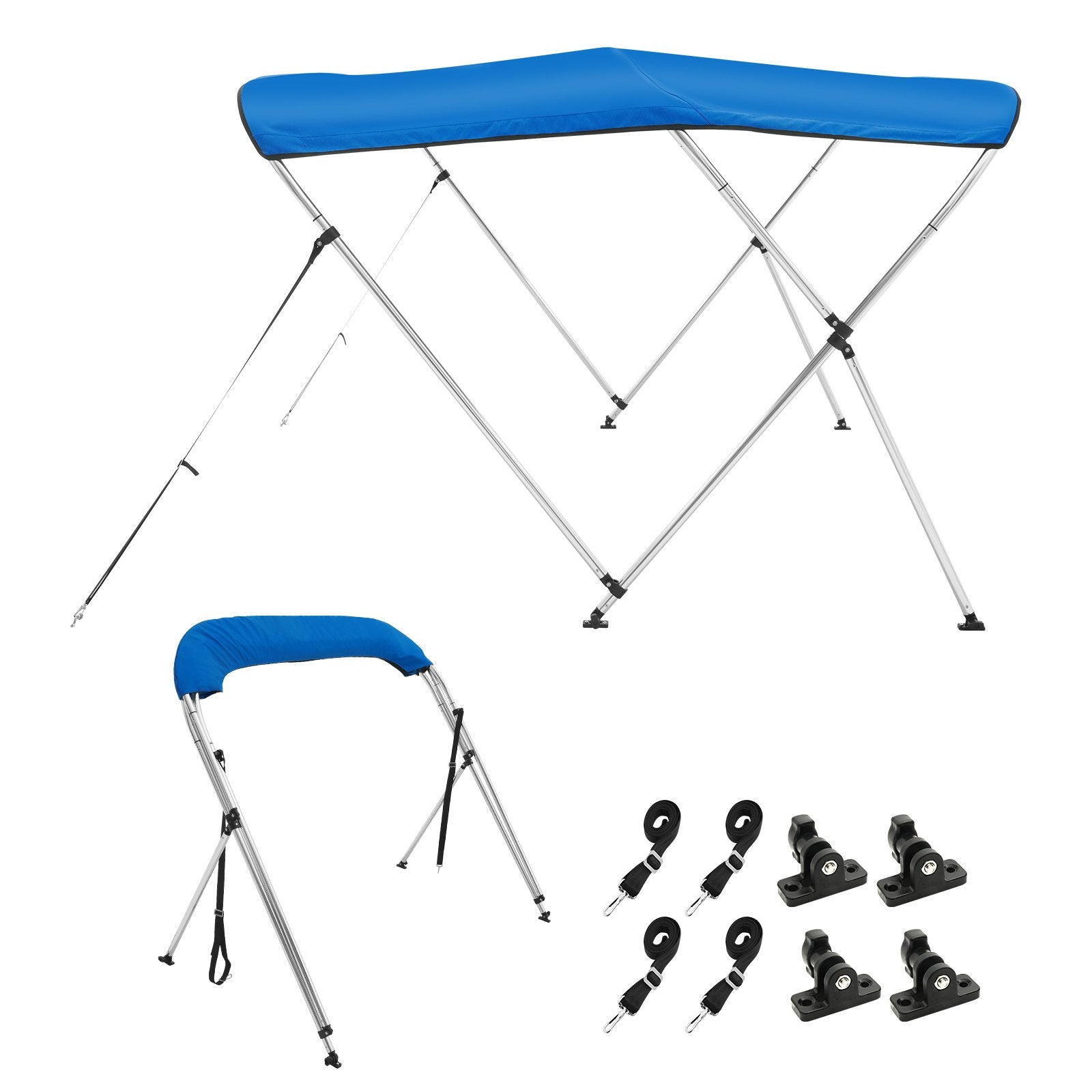 VEVOR 3 Bow Bimini Top Boat Cover, 900D Polyester Canopy with 1" Aluminum Alloy Frame, Waterproof and Sun Shade, Includes Storage Boot, 2 Support Poles, 4 Straps, 6'L x 46"H x 67"-72"W, Pacific Blue 