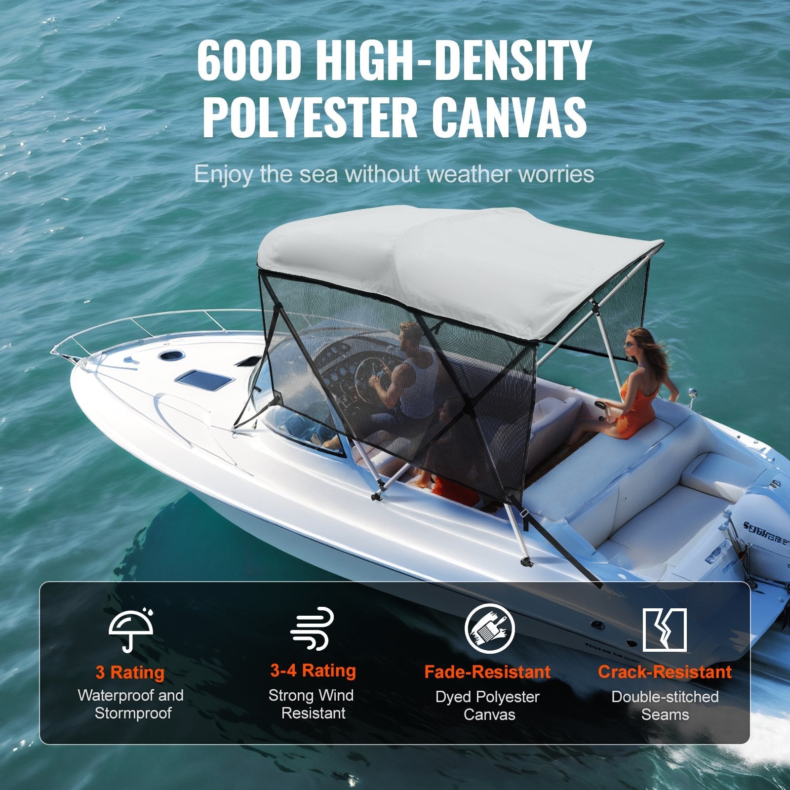 VEVOR 3 Bow Bimini Top Boat Cover, Detachable Mesh Sidewalls, 600D Polyester Canopy with 1" Aluminum Alloy Frame, Includes Storage Boot, 2 Support Poles, 2 Straps, 6'L x 46"H x 79"-84"W, Light Grey 
