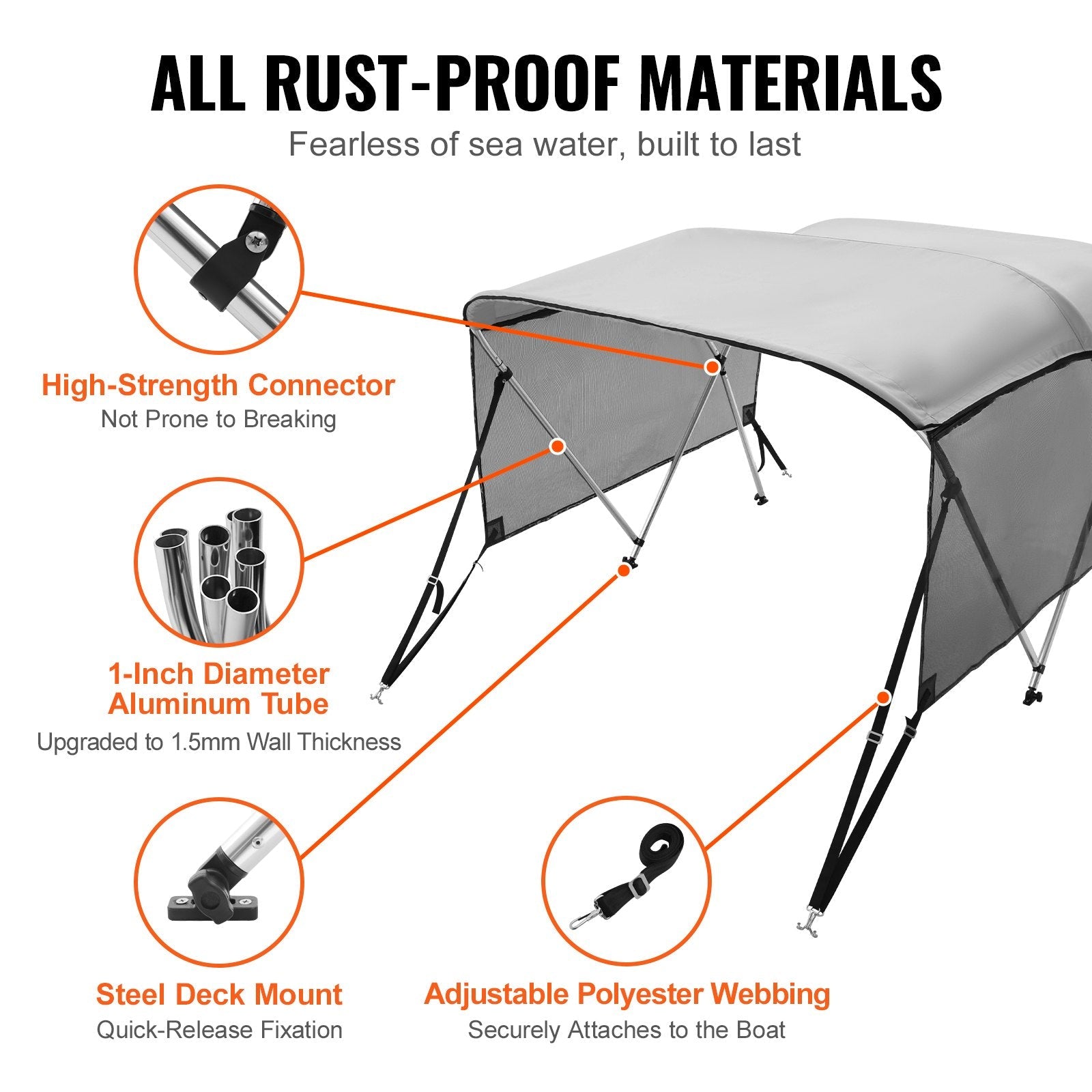 VEVOR 3 Bow Bimini Top Boat Cover, Detachable Mesh Sidewalls, 600D Polyester Canopy with 1" Aluminum Alloy Frame, Includes Storage Boot, 2 Support Poles, 2 Straps, 6'L x 46"H x 79"-84"W, Light Grey 