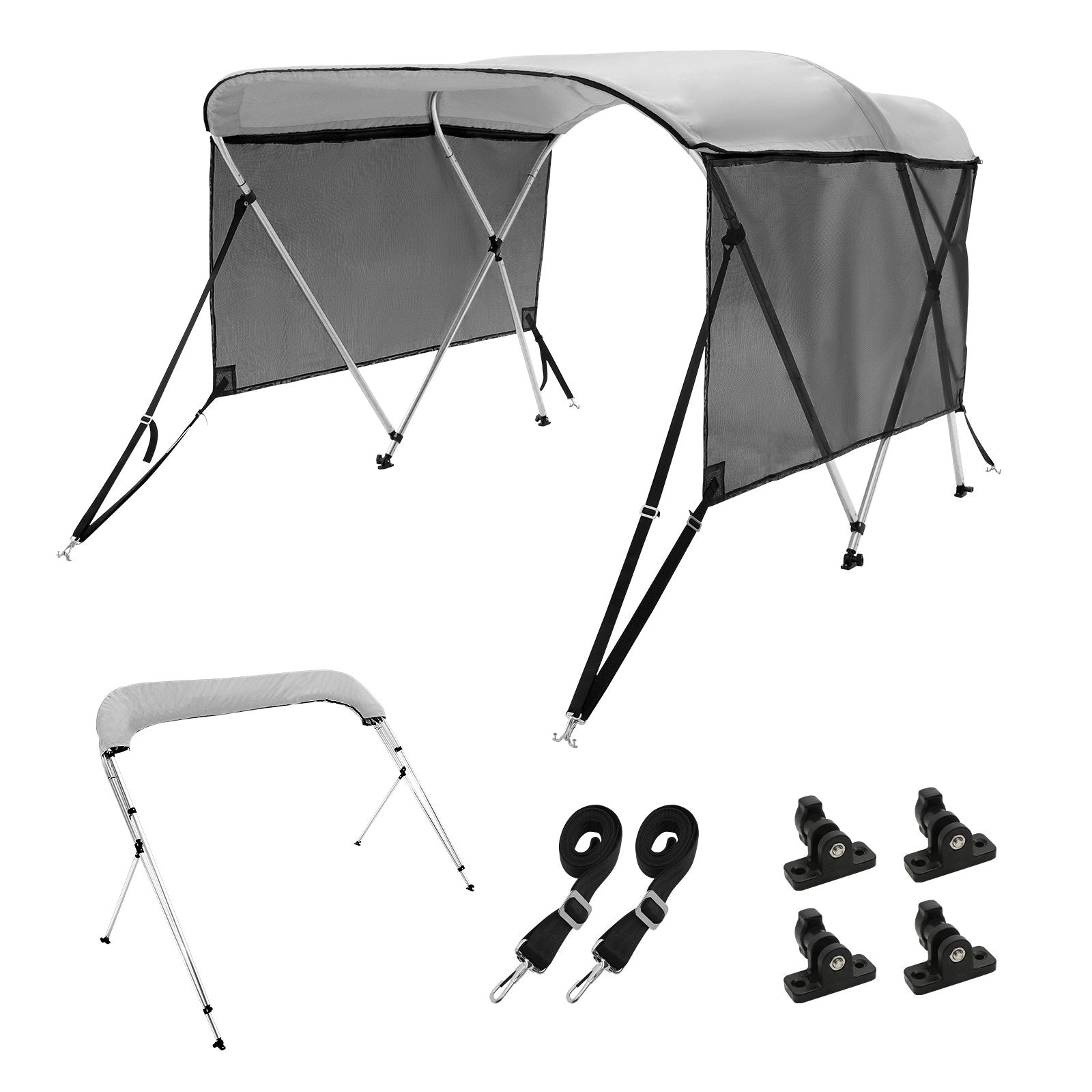 VEVOR 3 Bow Bimini Top Boat Cover, Detachable Mesh Sidewalls, 600D Polyester Canopy with 1" Aluminum Alloy Frame, Includes Storage Boot, 2 Support Poles, 2 Straps, 6'L x 46"H x 79"-84"W, Light Grey 