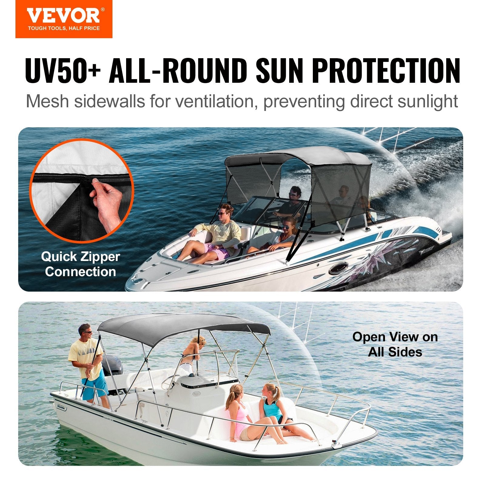 VEVOR 3 Bow Bimini Top Boat Cover, Detachable Mesh Sidewalls, 600D Polyester Canopy with 1" Aluminum Alloy Frame, Includes Storage Boot, 2 Support Poles, 2 Straps, 6'L x 46"H x 67"-72"W, Light Grey 