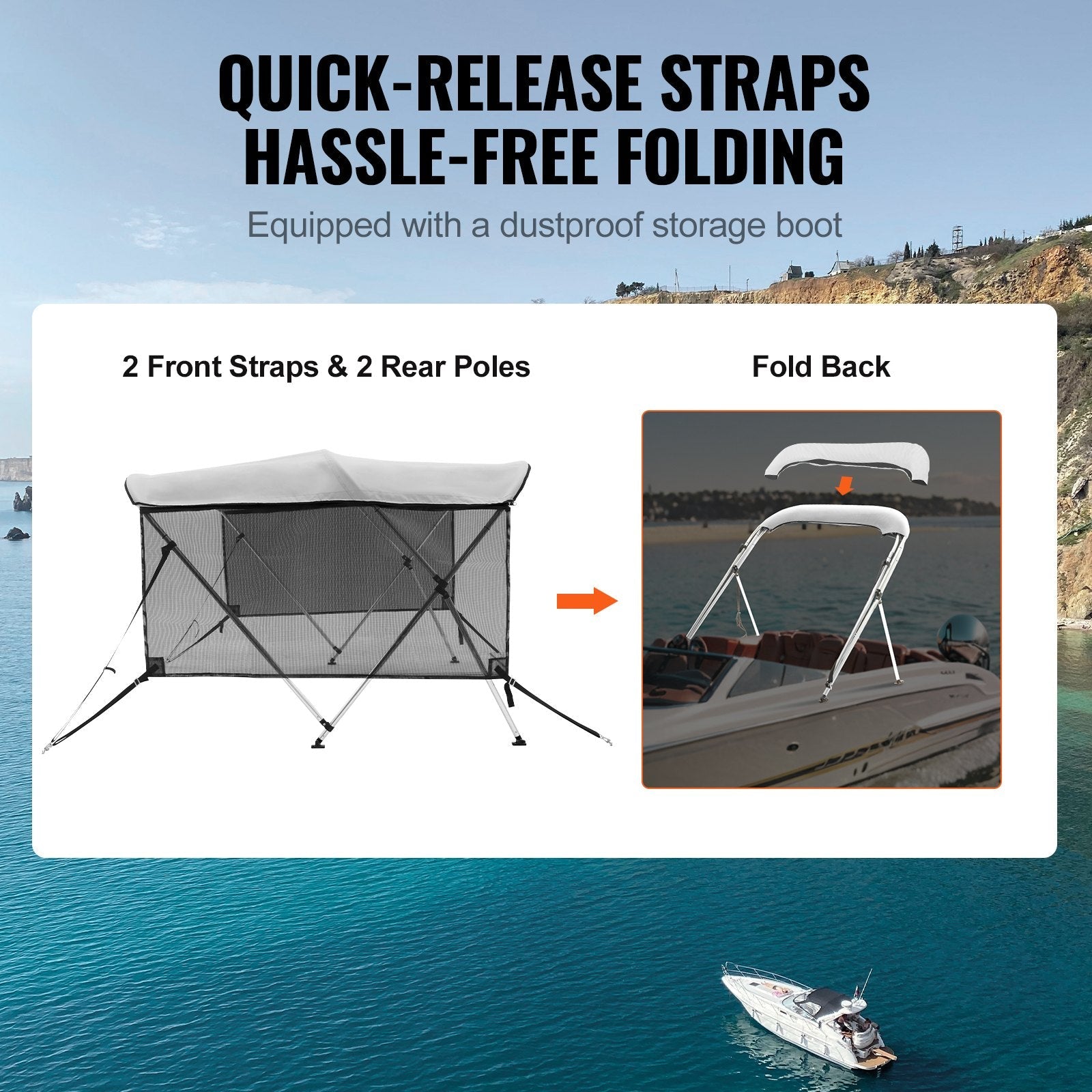 VEVOR 3 Bow Bimini Top Boat Cover, Detachable Mesh Sidewalls, 600D Polyester Canopy with 1" Aluminum Alloy Frame, Includes Storage Boot, 2 Support Poles, 2 Straps, 6'L x 46"H x 61"-66"W, Light Grey 