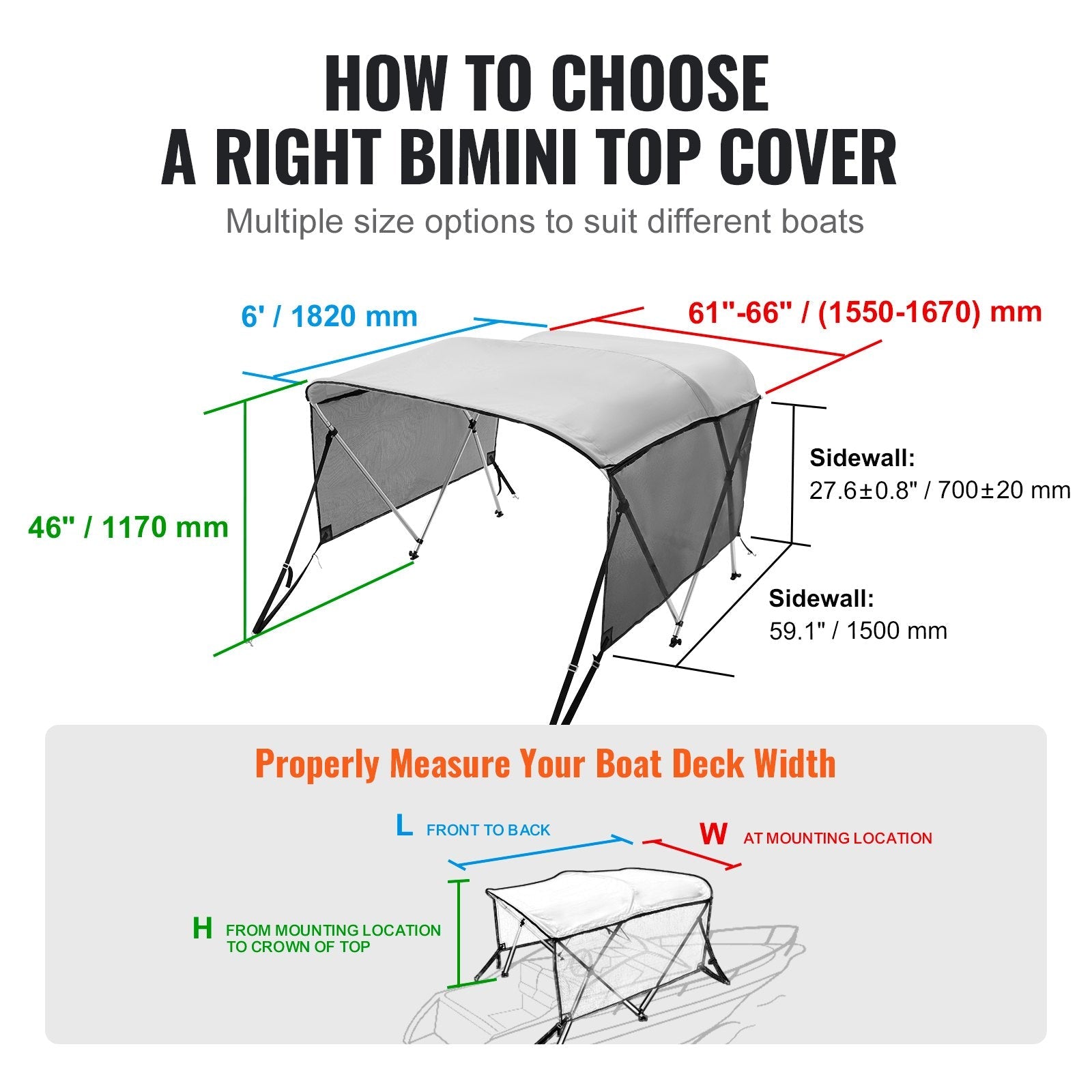 VEVOR 3 Bow Bimini Top Boat Cover, Detachable Mesh Sidewalls, 600D Polyester Canopy with 1" Aluminum Alloy Frame, Includes Storage Boot, 2 Support Poles, 2 Straps, 6'L x 46"H x 61"-66"W, Light Grey 