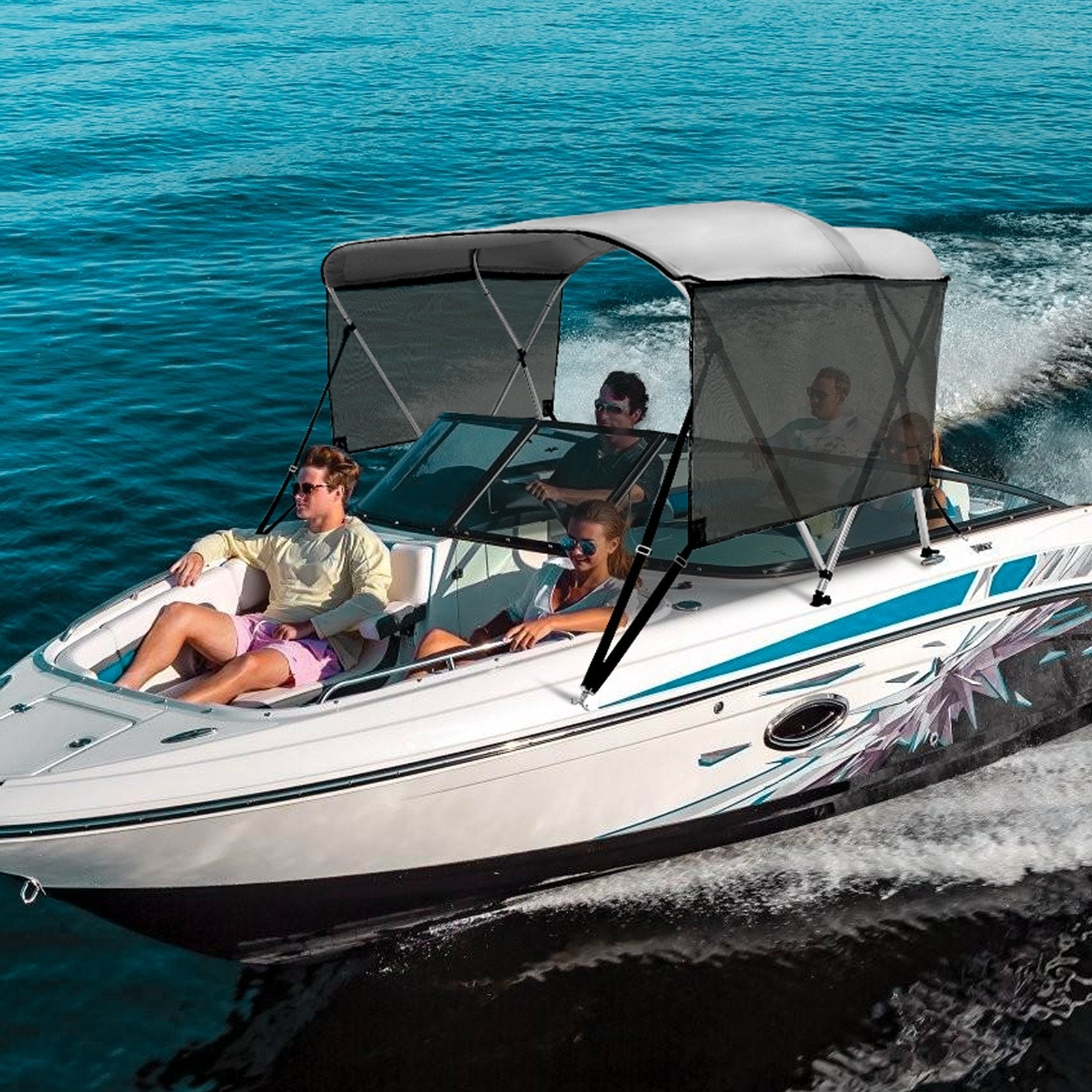 VEVOR 3 Bow Bimini Top Boat Cover, Detachable Mesh Sidewalls, 600D Polyester Canopy with 1" Aluminum Alloy Frame, Includes Storage Boot, 2 Support Poles, 2 Straps, 6'L x 46"H x 61"-66"W, Light Grey 