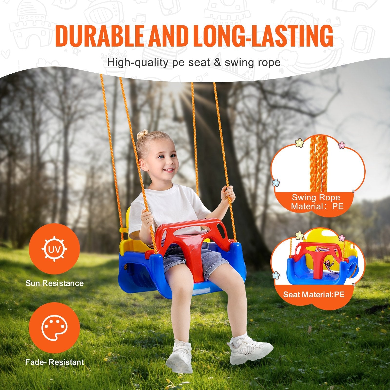 VEVOR 3-in-1 Toddler Swing Seat Baby Swing Seat with Adjustable Ropes Snap Hooks 