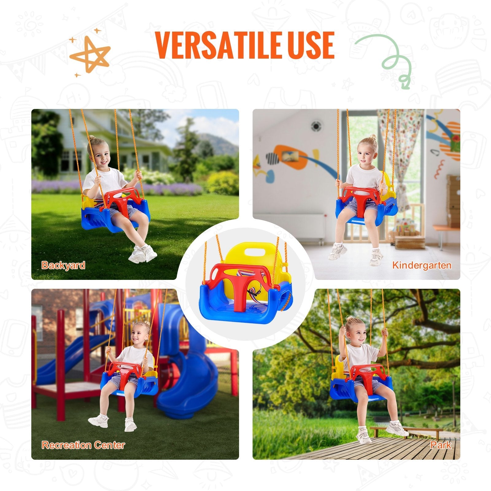 VEVOR 3-in-1 Toddler Swing Seat Baby Swing Seat with Adjustable Ropes Snap Hooks 
