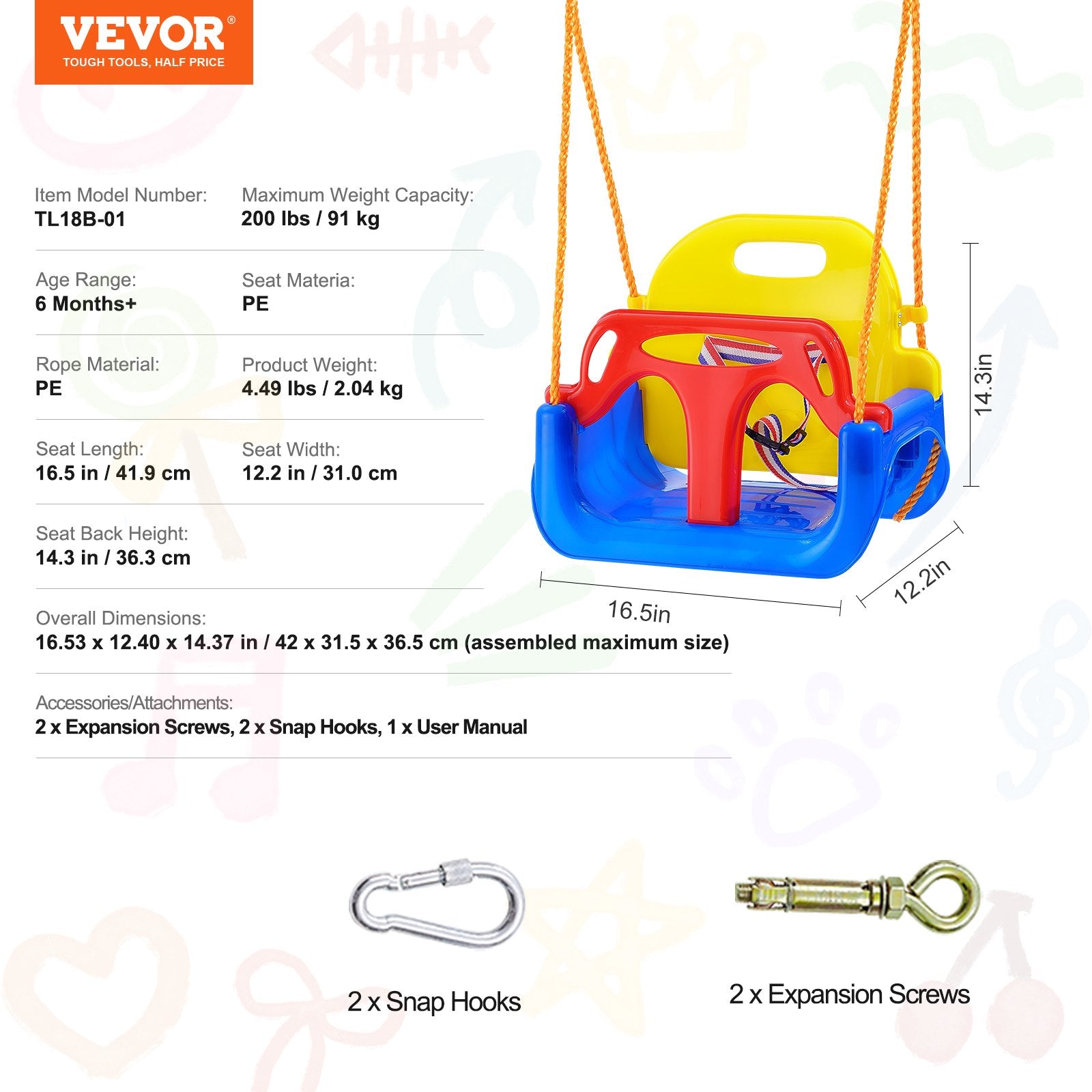 VEVOR 3-in-1 Toddler Swing Seat Baby Swing Seat with Adjustable Ropes Snap Hooks 
