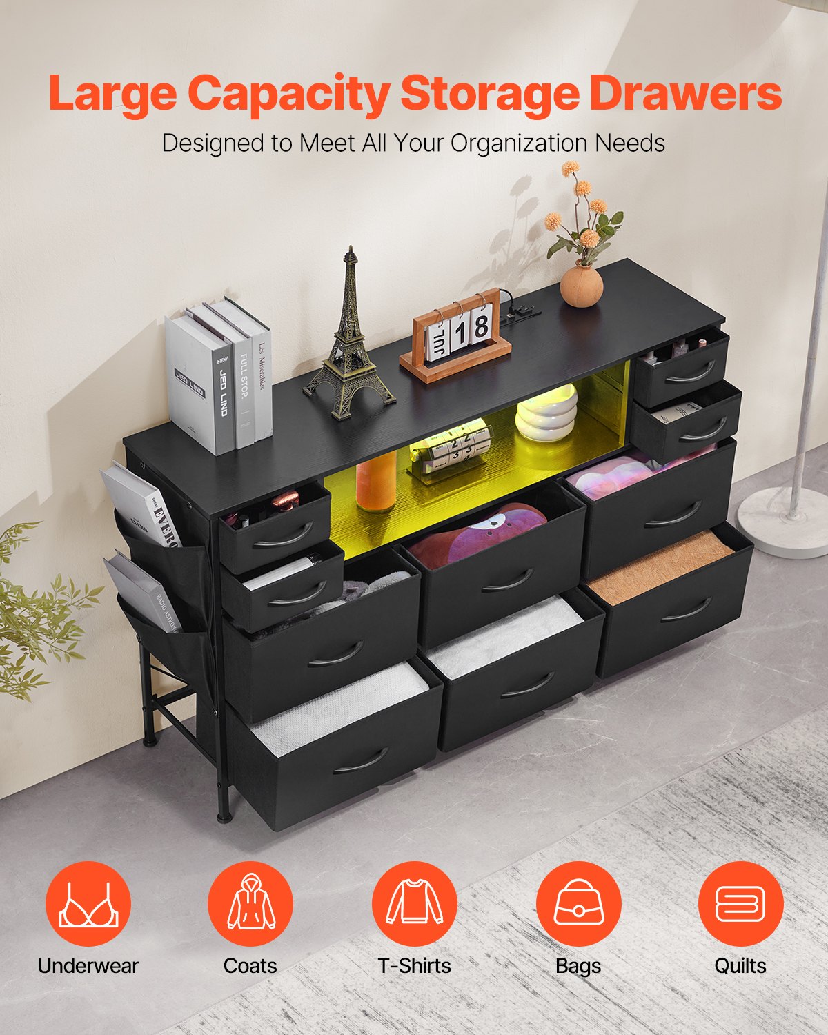 VEVOR 10 Fabric Drawer Dresser with Open Storage Shelf LED Lights & Outlet Black 