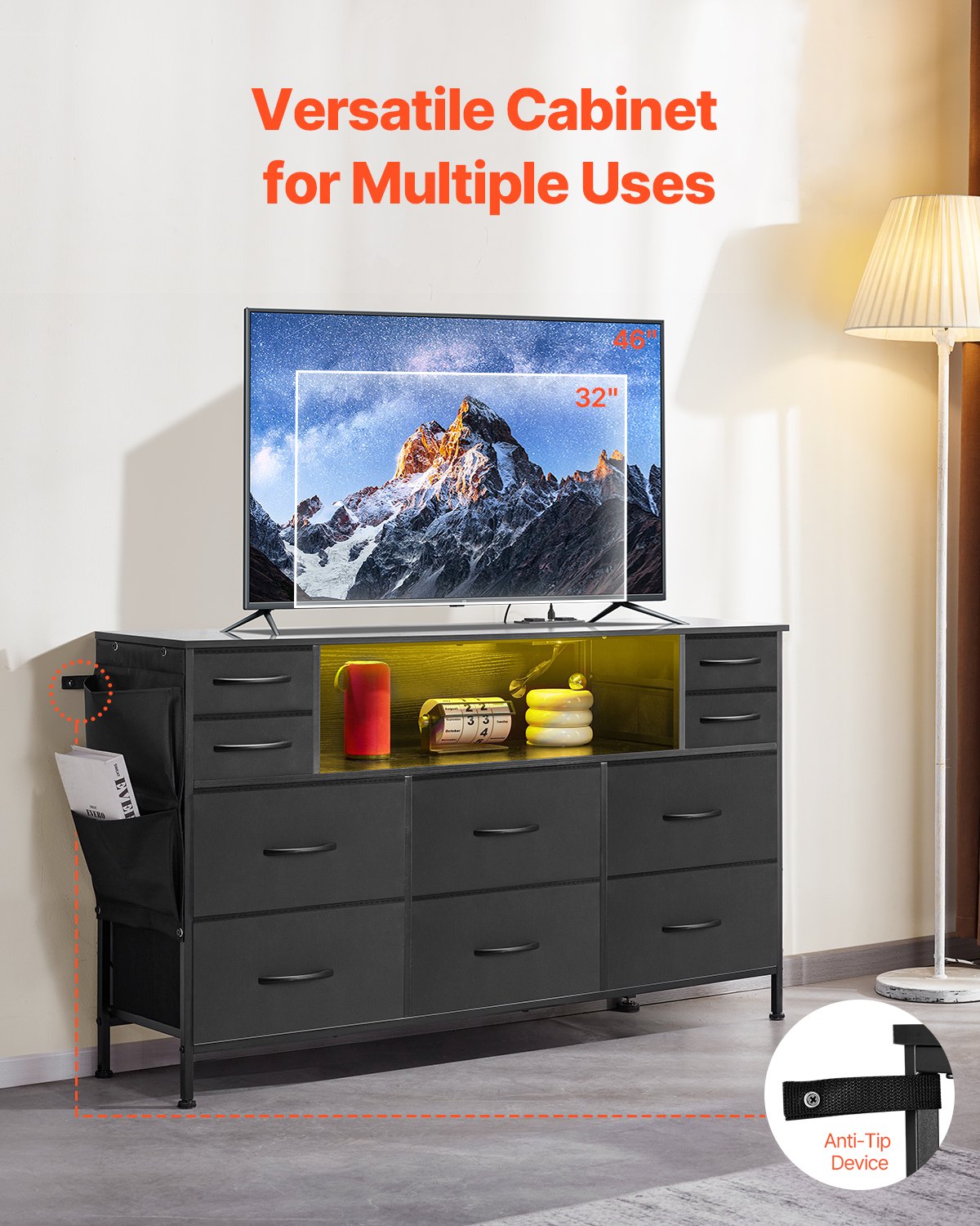 VEVOR 10 Fabric Drawer Dresser with Open Storage Shelf LED Lights & Outlet Black 