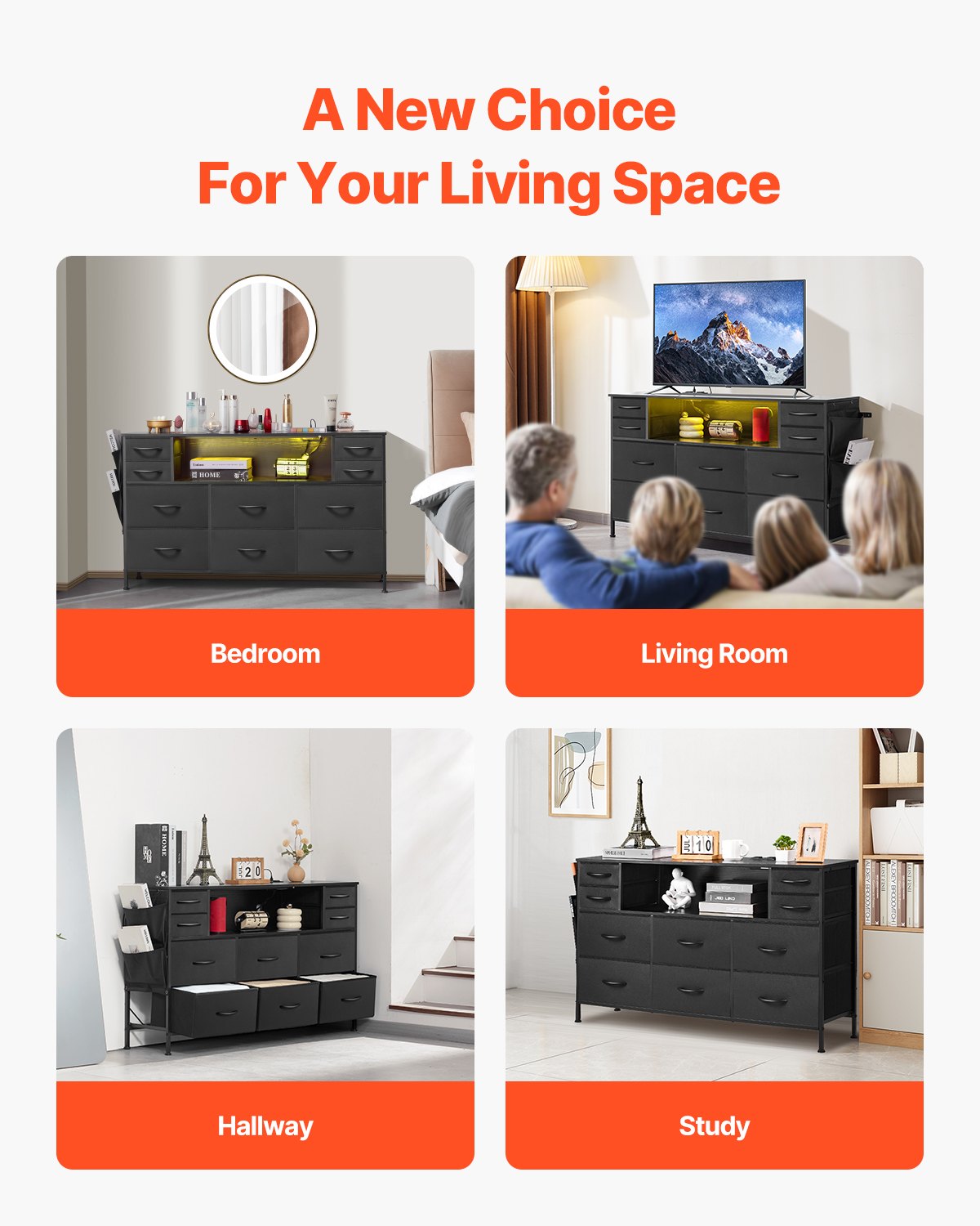 VEVOR 10 Fabric Drawer Dresser with Open Storage Shelf LED Lights & Outlet Black 