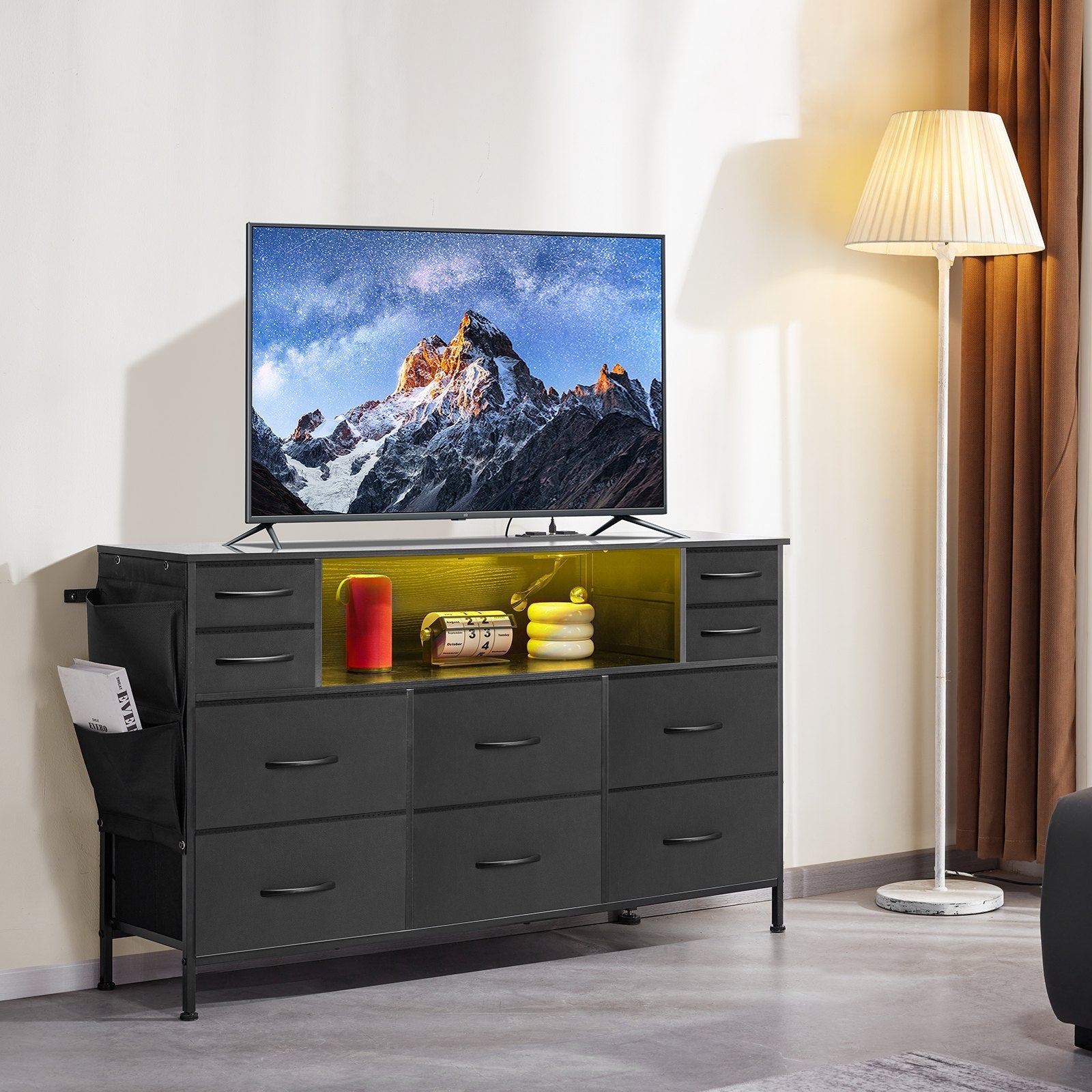 VEVOR 10 Fabric Drawer Dresser with Open Storage Shelf LED Lights & Outlet Black 