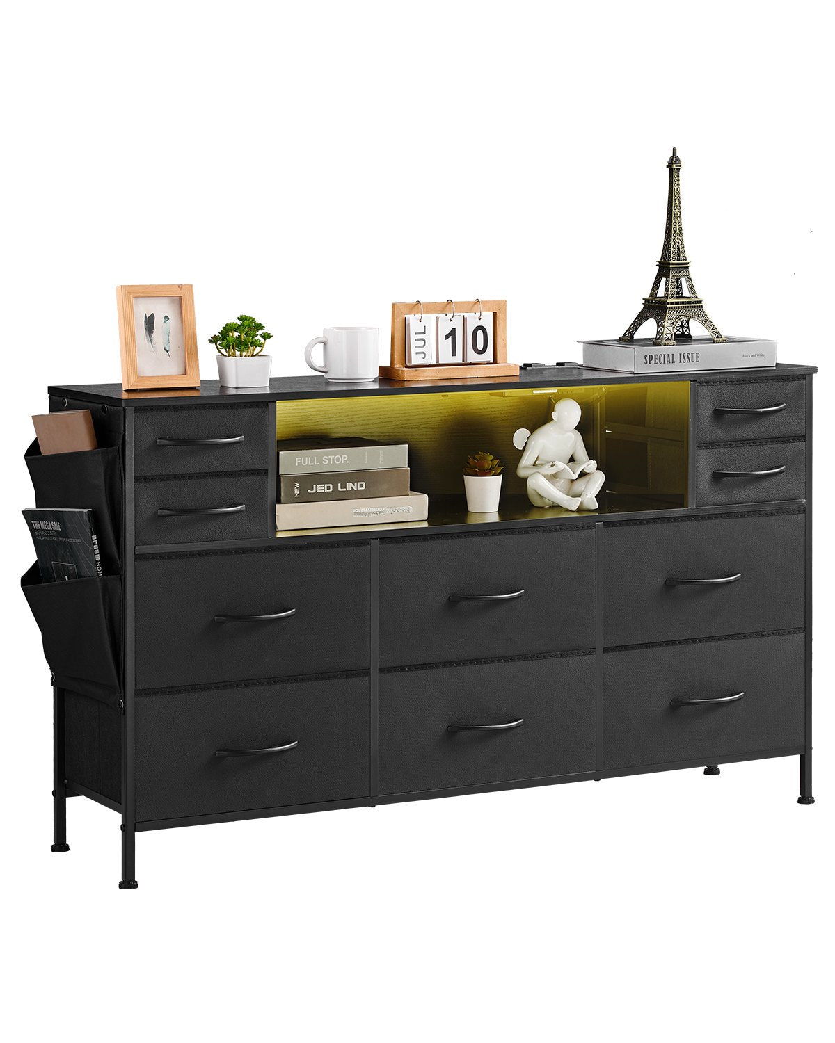VEVOR 10 Fabric Drawer Dresser with Open Storage Shelf LED Lights & Outlet Black 