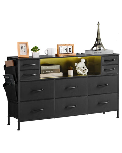 VEVOR 10 Fabric Drawer Dresser with Open Storage Shelf LED Lights & Outlet Black 