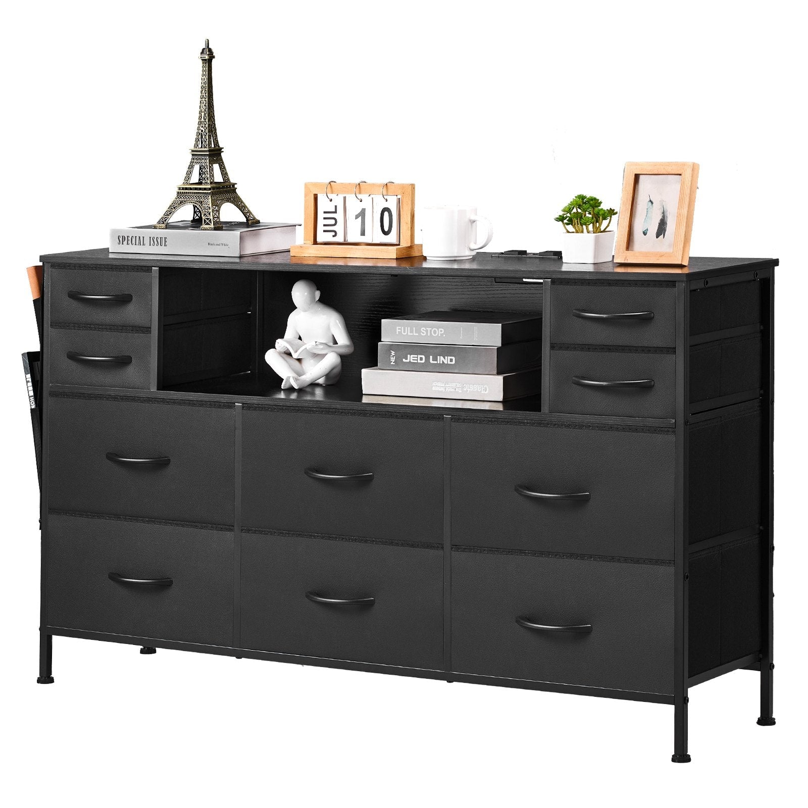VEVOR 10 Fabric Drawer Dresser with Open Storage Shelf LED Lights & Outlet Black 