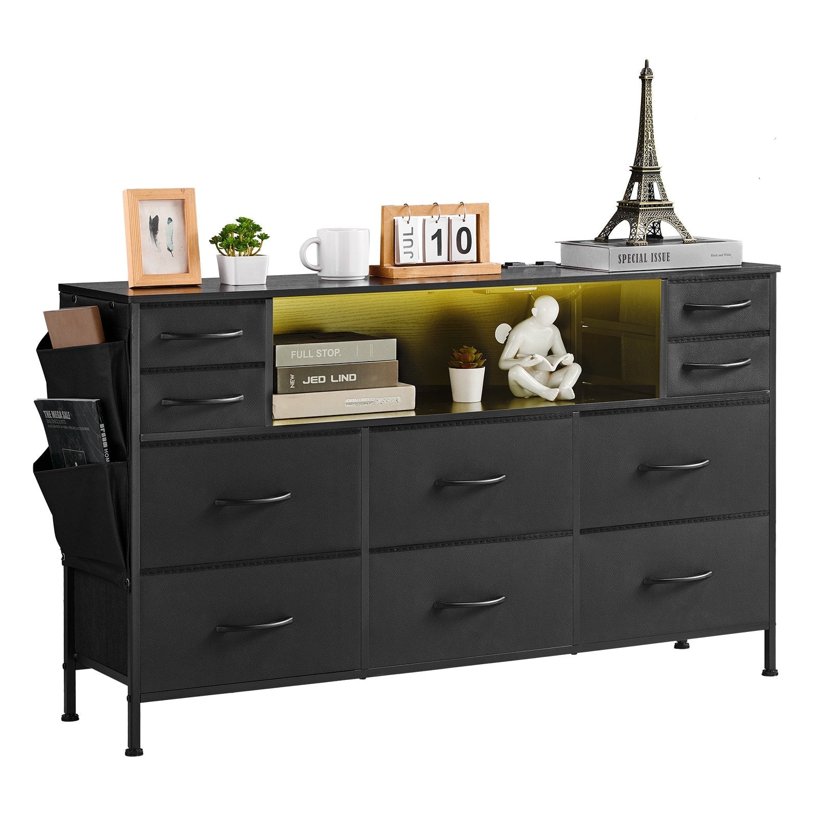 VEVOR 10 Fabric Drawer Dresser with Open Storage Shelf LED Lights & Outlet Black 
